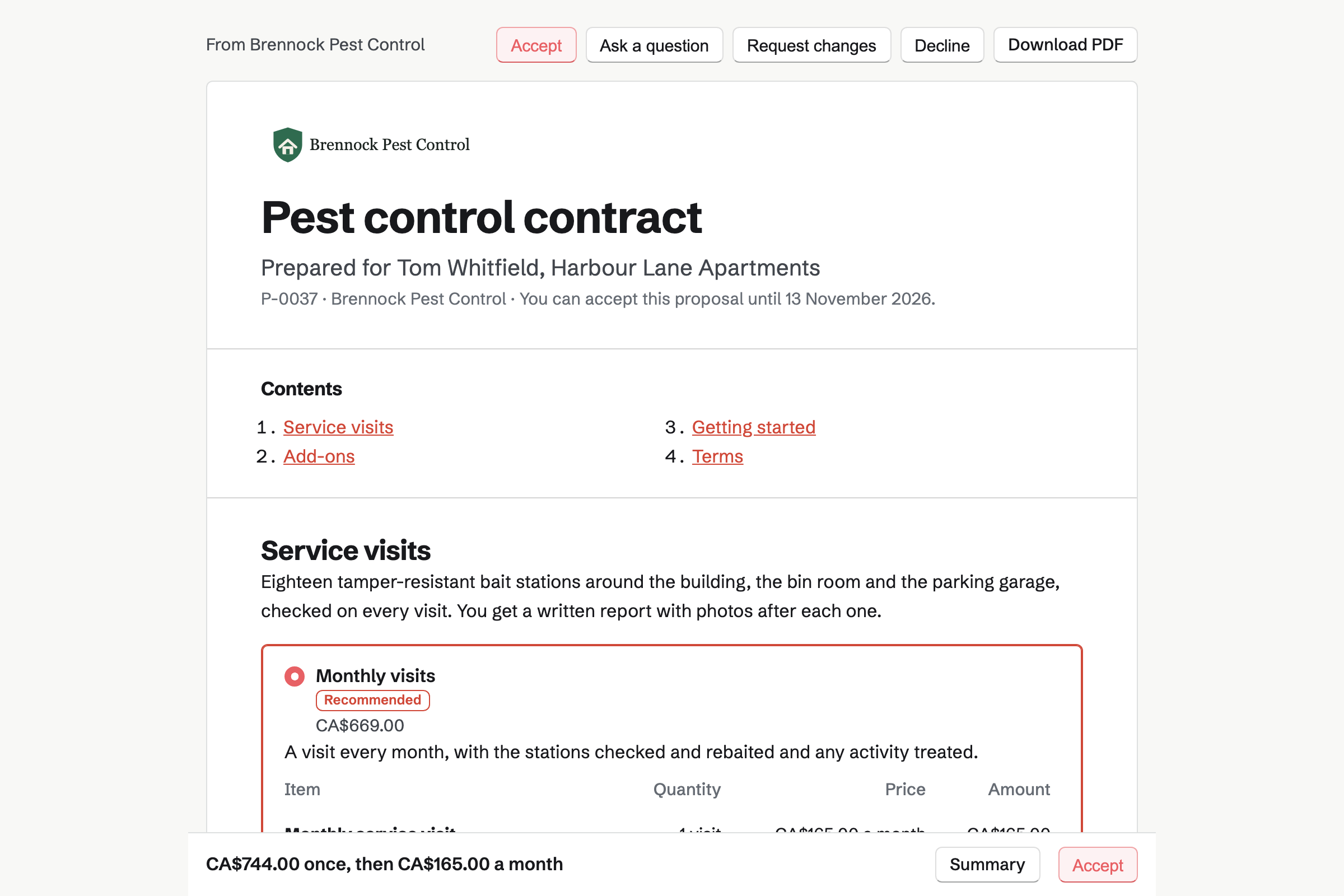 Tom Whitfield’s proposal page from Brennock Pest Control: the cover, monthly or quarterly service visits to choose from, cockroach treatments and bird proofing as add-ons, and the total in a bar at the foot of the screen.