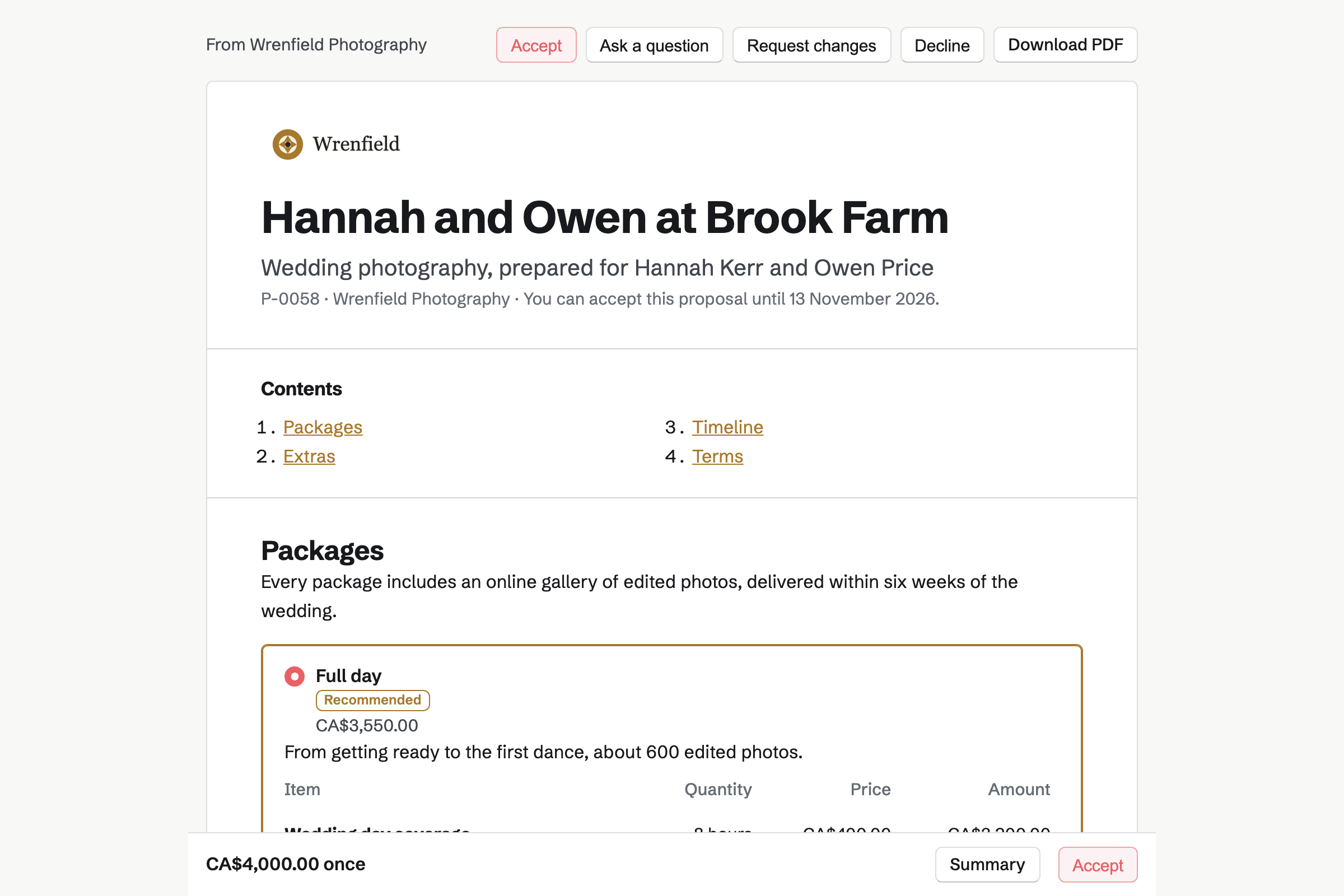 Hannah and Owen’s wedding photography proposal from Wrenfield Photography, with the cover, the list of contents, the recommended Full day package chosen and the total in a bar at the foot of the screen.