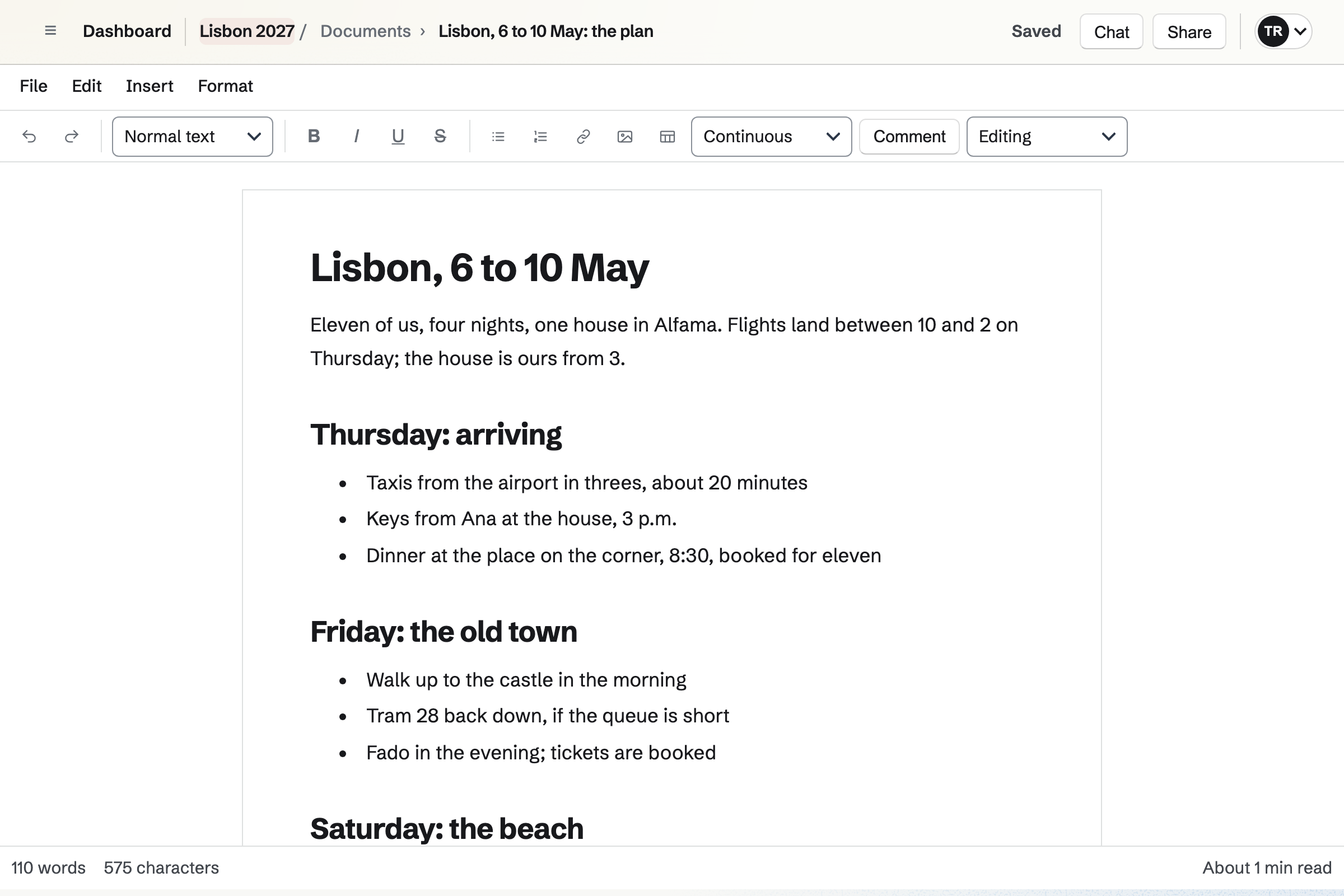 The Lisbon trip’s itinerary open in Documents: the dates and the house, then the first two days with times and plans.
