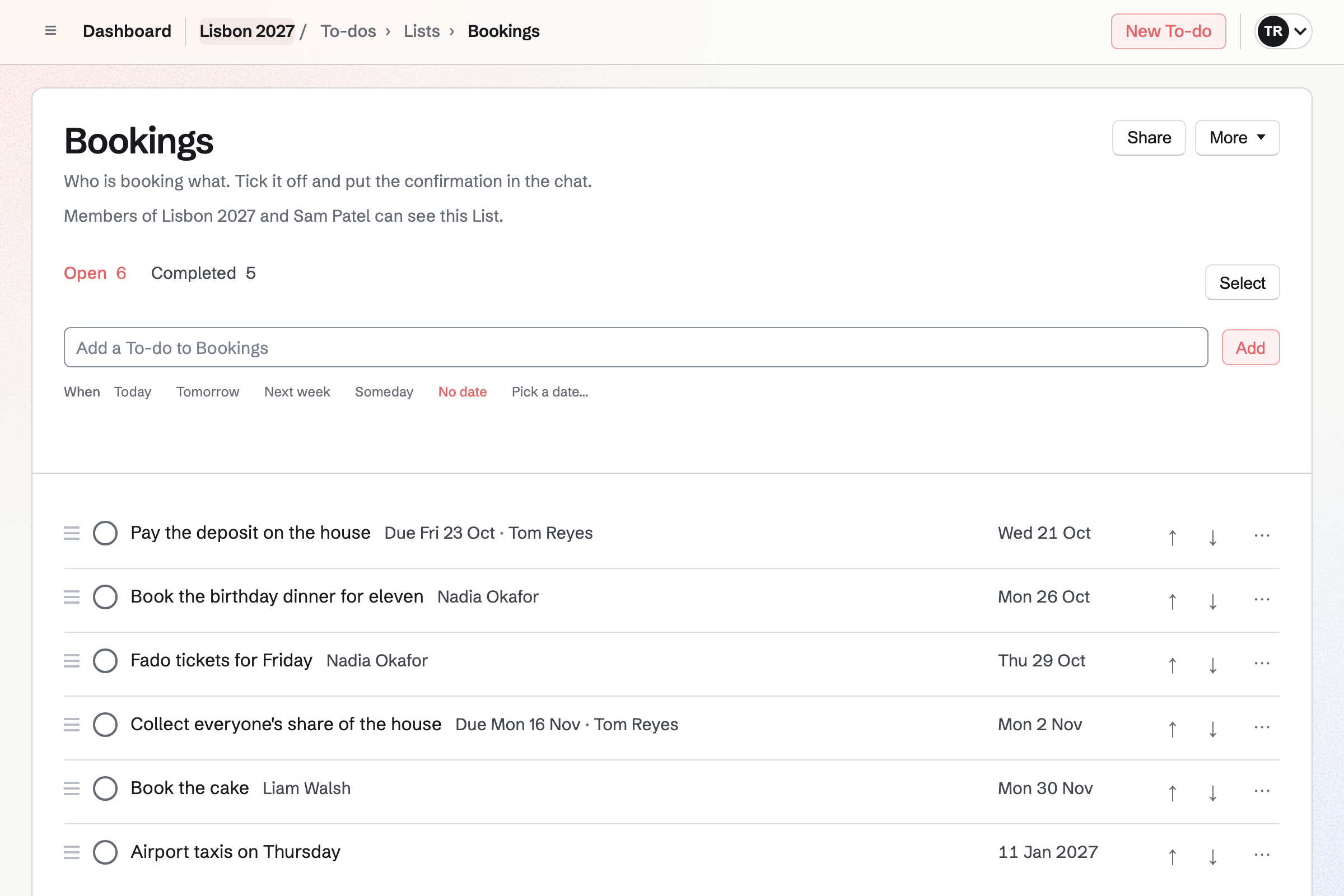 The Lisbon trip’s bookings List, shared with a friend: each booking with its day and who is doing it, under the line that says who can see the List.
