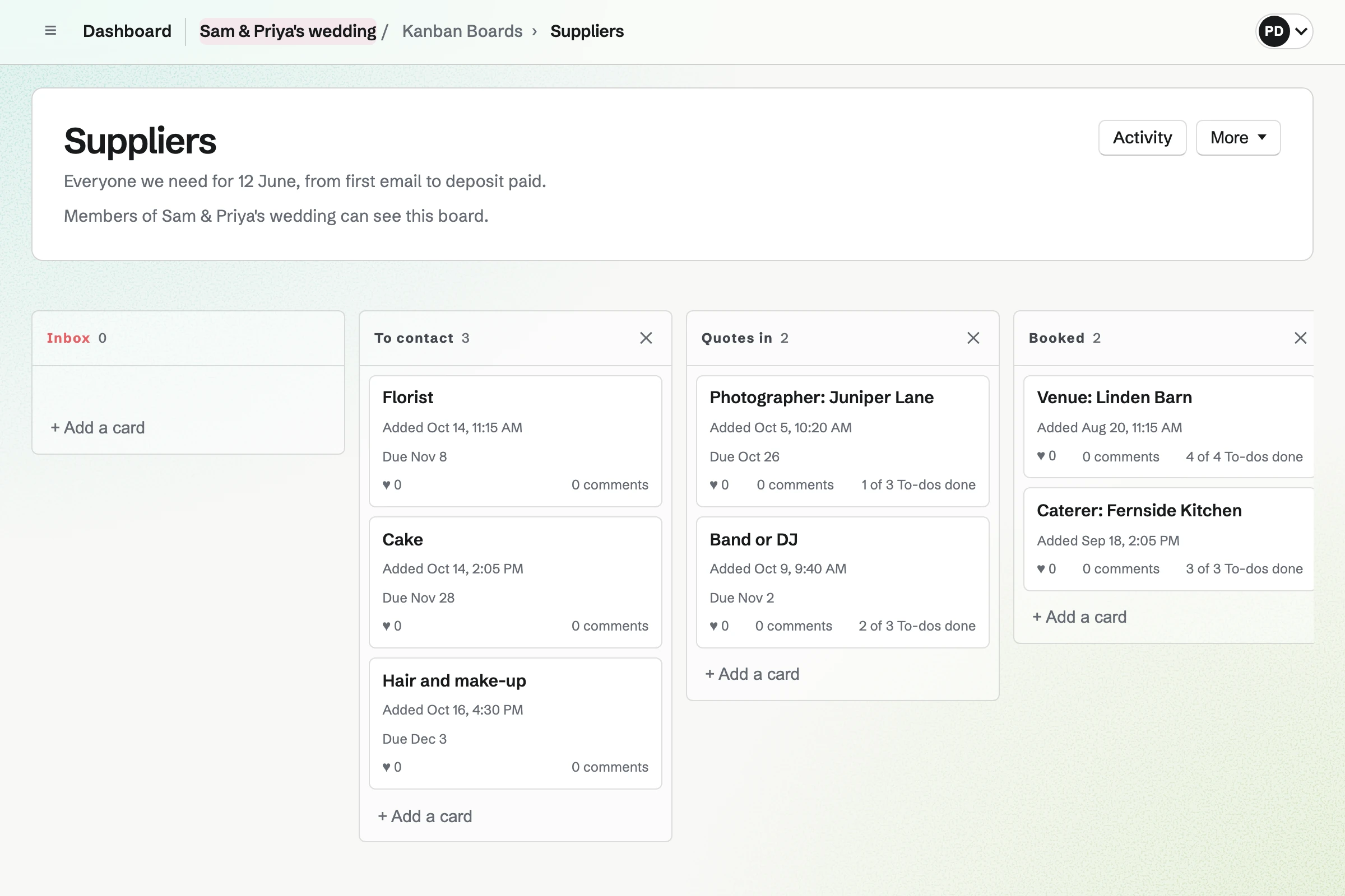 Sam and Priya’s suppliers board: suppliers to contact, quotes in, and booked suppliers with their due dates and To-dos.
