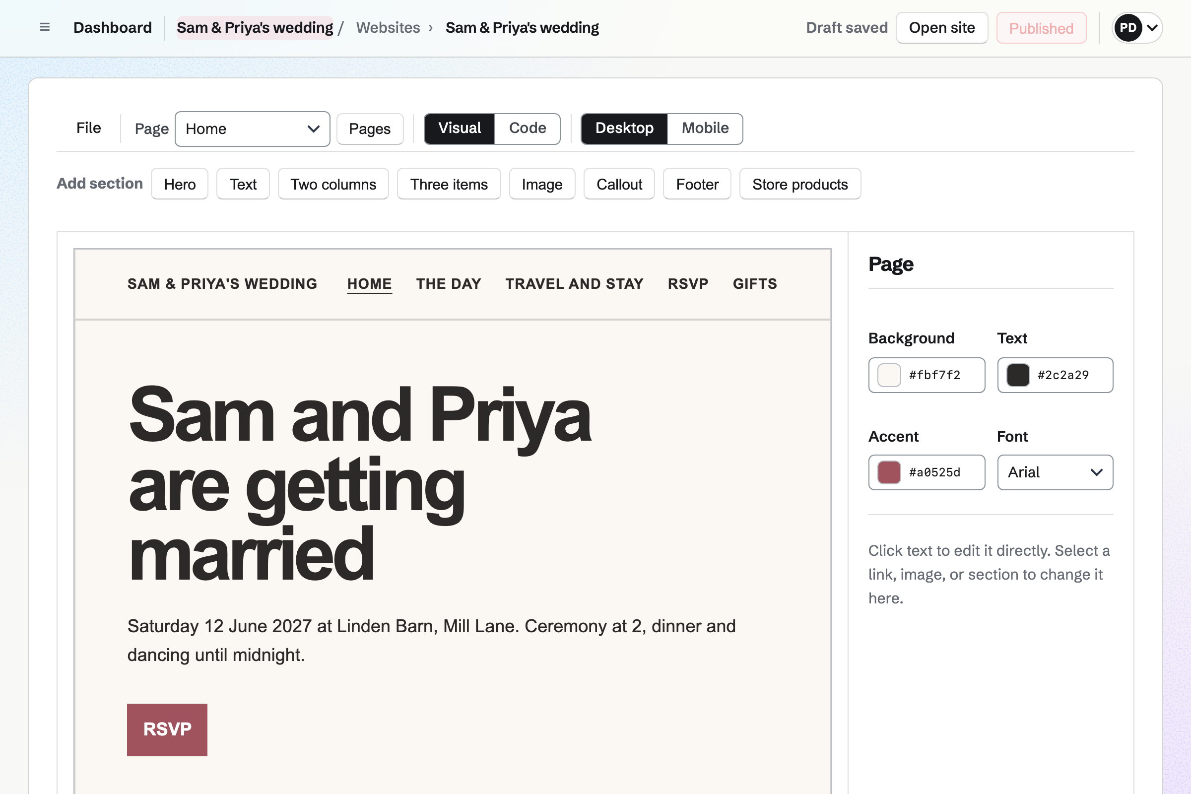 Sam and Priya’s wedding website open in the Websites editor in Visual mode: the Home page with the date, the venue and an RSVP button under the site’s header, the sections to add, and the Page inspector with the site’s colours.