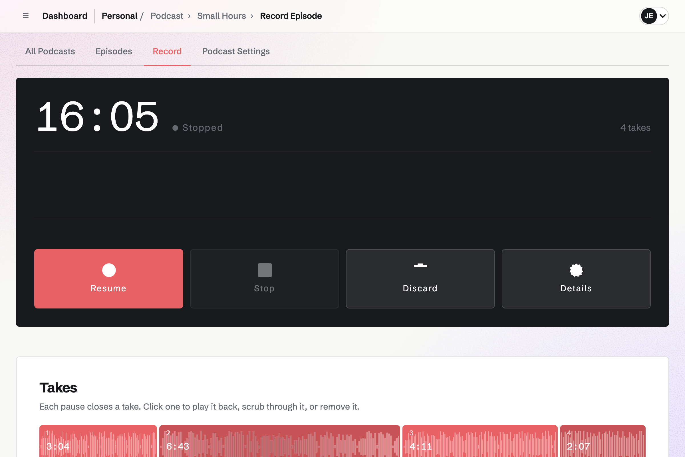 The Recorder in Podcast for Jo Ellison’s show Small Hours, stopped after four takes of a new episode, 16 minutes 5 seconds in all, with each take’s waveform and length below.