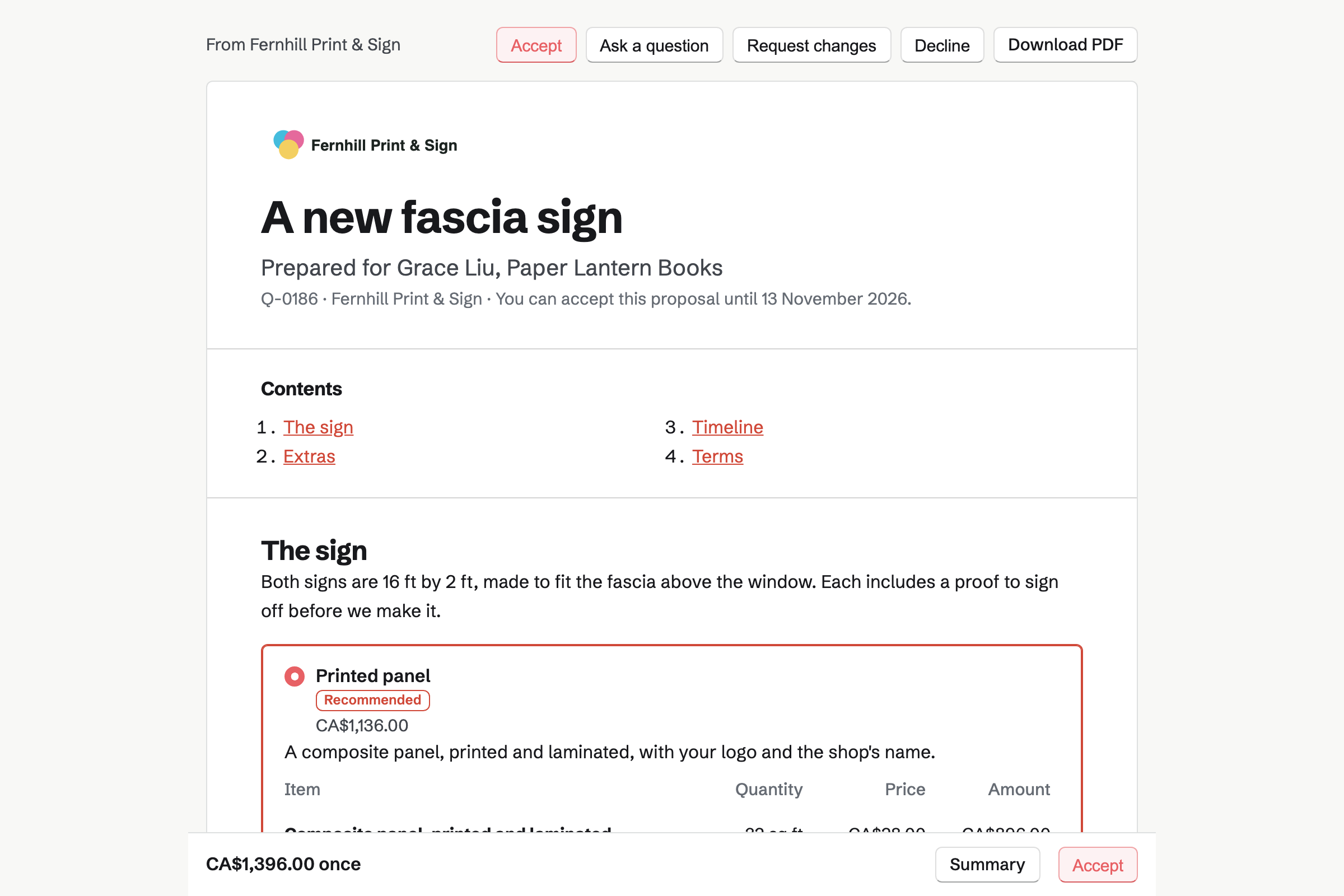 Grace Liu’s proposal page from Fernhill Print & Sign: the cover, the bookshop’s fascia sign as two packages to choose from, window vinyl and an A-board as extras, and the total in a bar at the foot of the screen.