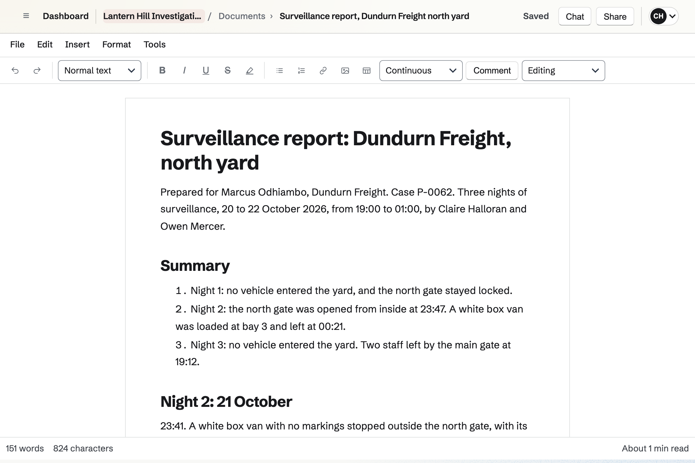 Lantern Hill Investigations’ surveillance report for Dundurn Freight in the document editor: who it was prepared for and when, a summary of each night, then night 2’s observations by time.