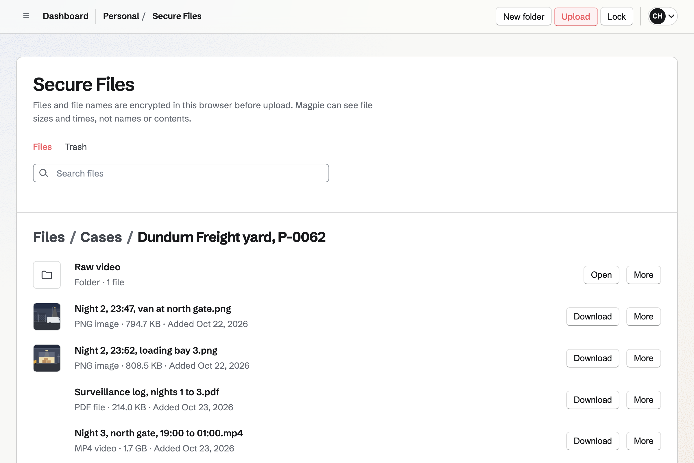 Claire Halloran’s Secure Files open on the Dundurn Freight case folder: a Raw video folder, two stills from night 2 with their previews, the surveillance log and night 3’s video.
