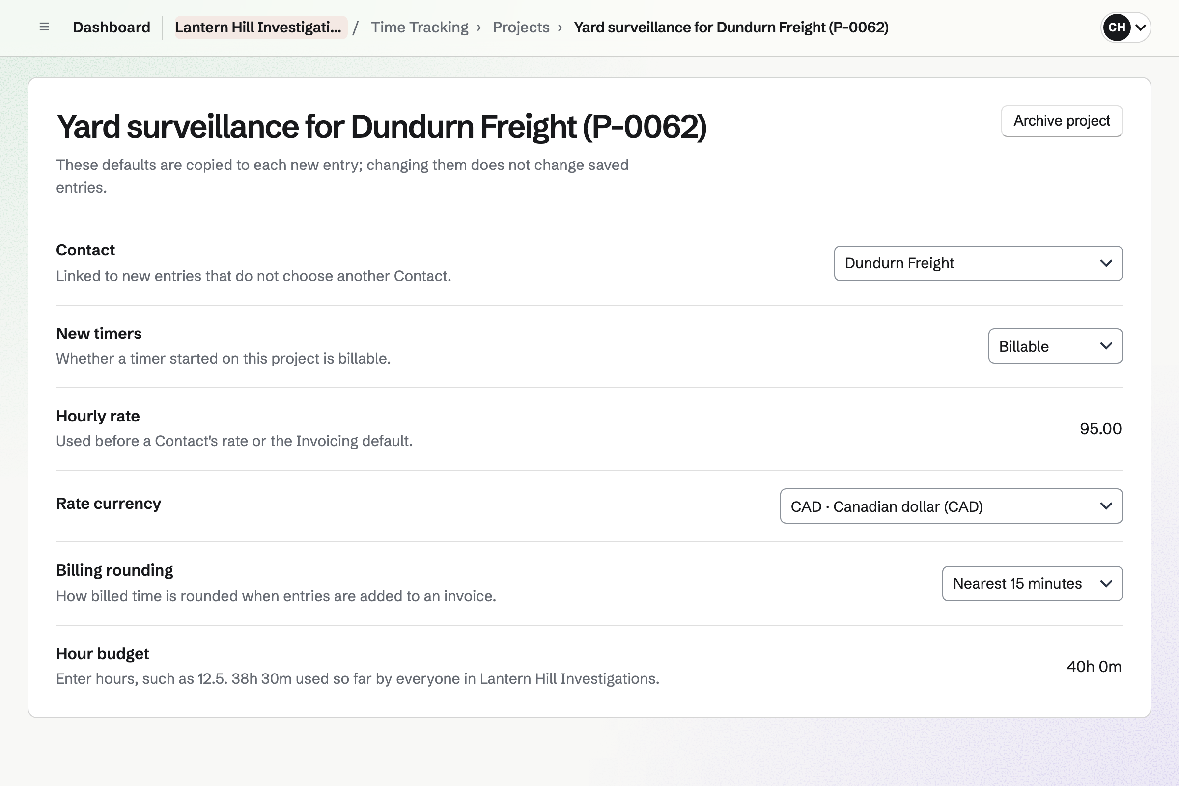Lantern Hill Investigations’ project for the Dundurn Freight yard surveillance, made from estimate P-0062: billable timers, an hourly rate of 95.00 CAD, billing rounded to 15 minutes and a 40-hour budget with 38h 30m used.