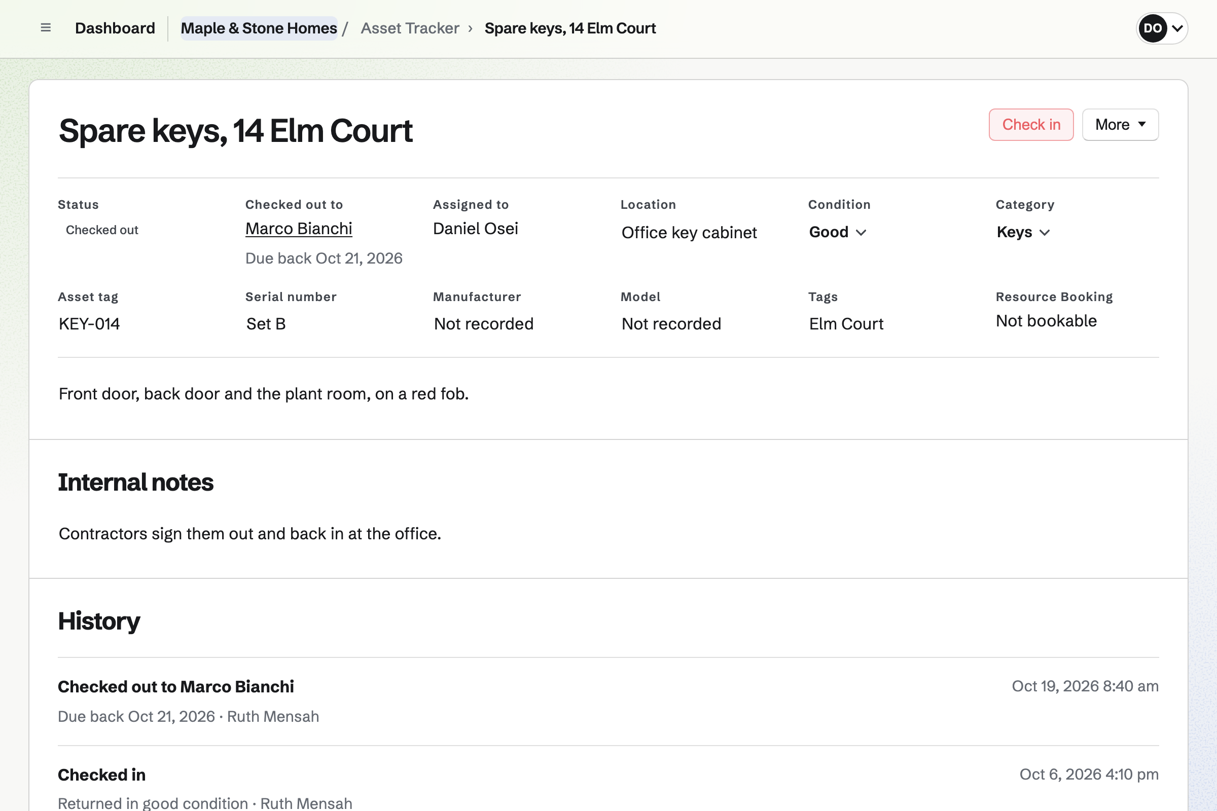 The spare keys for 14 Elm Court in Maple & Stone Homes’ Asset Tracker: checked out to the plumber and due back on Wednesday, with their tag, location and condition, then their notes and history.