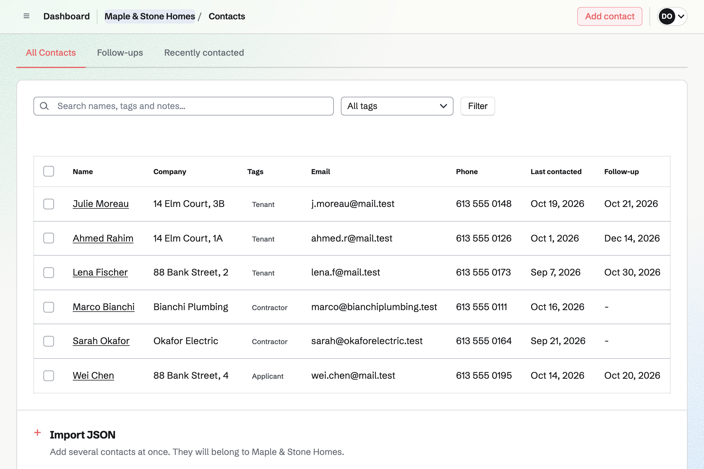 Maple & Stone Homes’ contact list: tenants with their building, and the plumber and electrician, each with tags, email, phone, last contacted date and next follow-up.
