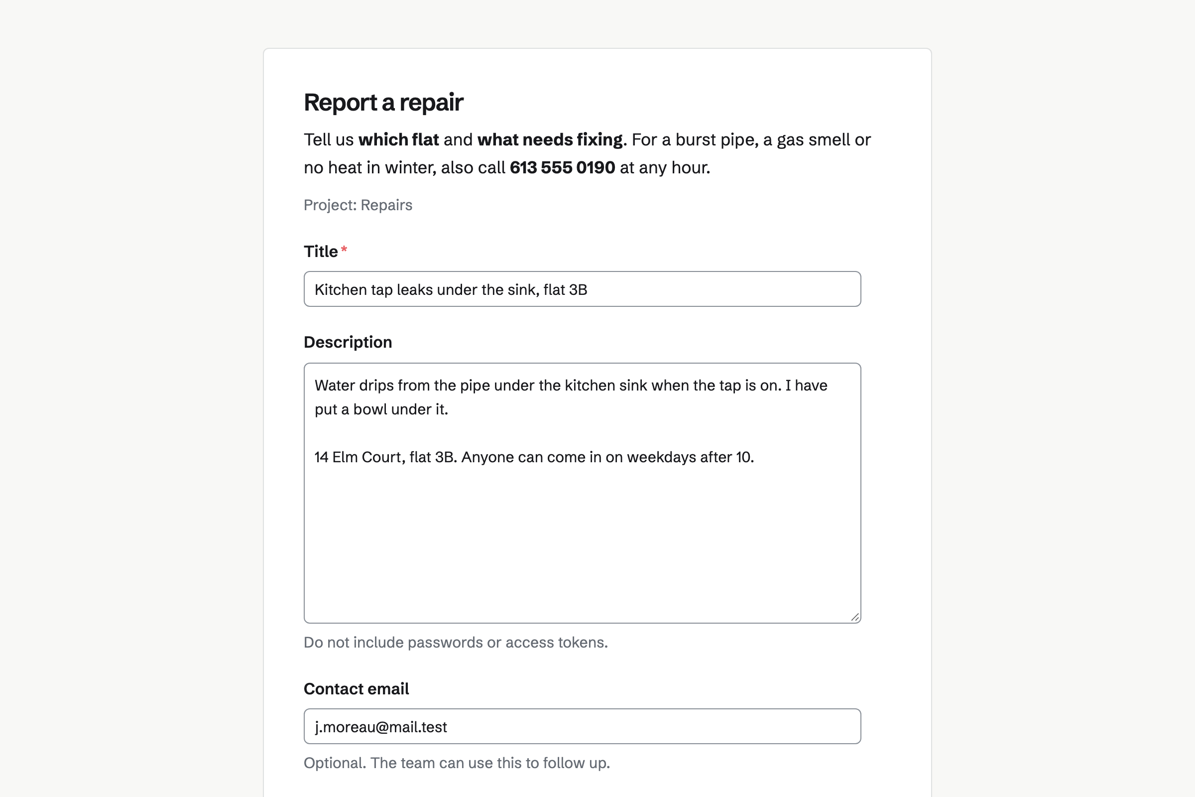 Maple & Stone Homes’ repair request form, with its instructions and a filled-in request about a leaking kitchen tap in flat 3B, sent to the Repairs project.