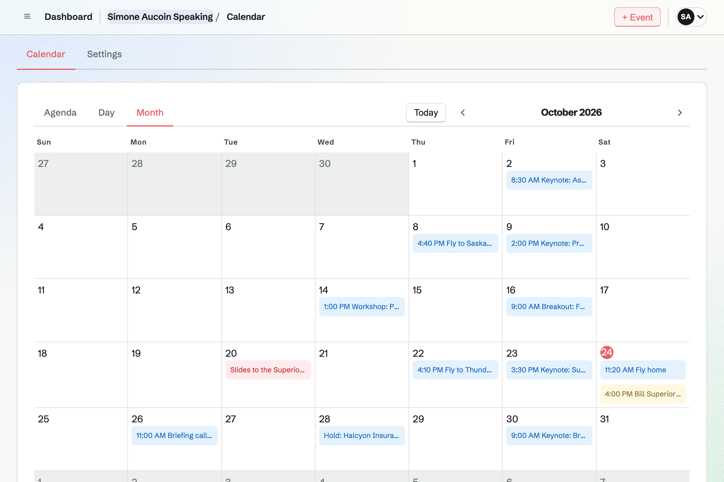 Simone Aucoin Speaking’s calendar for the month: keynotes, a workshop and a breakout, the flights to and from them, a briefing call and a date on hold.