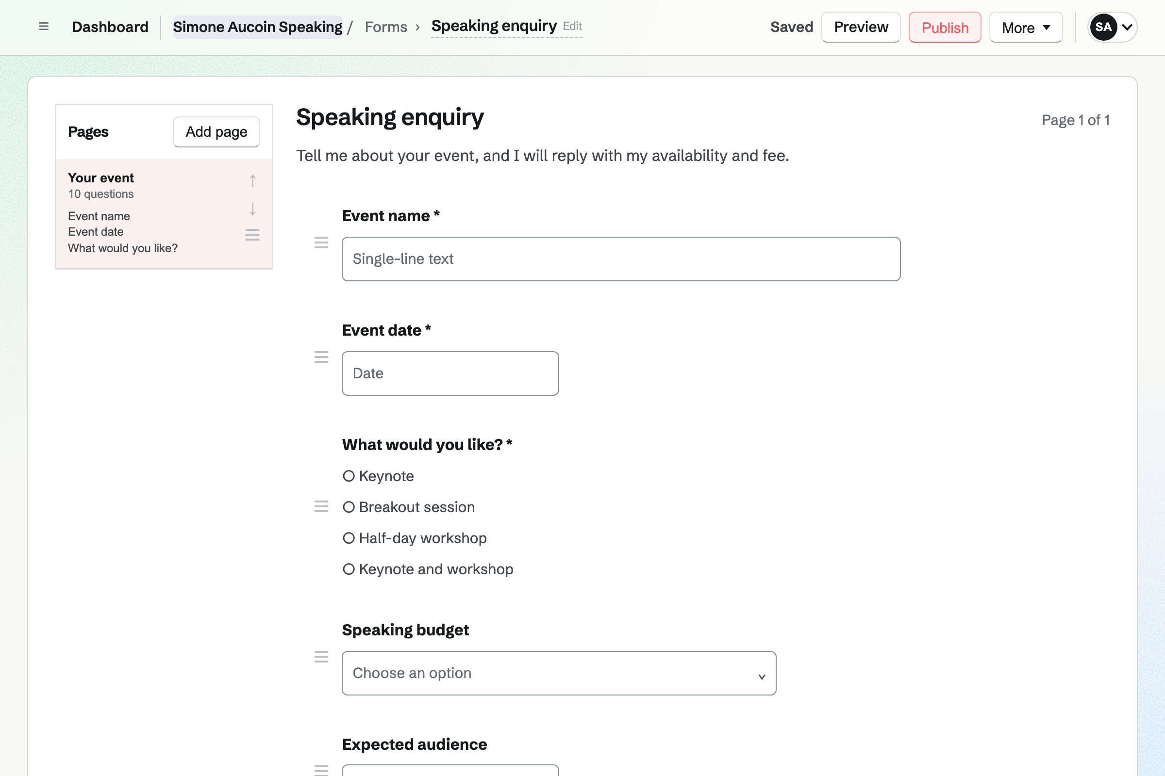 Simone Aucoin’s speaking enquiry Form in the Form builder: the event’s name and date, then whether the organizer would like a keynote, a breakout session or a workshop.