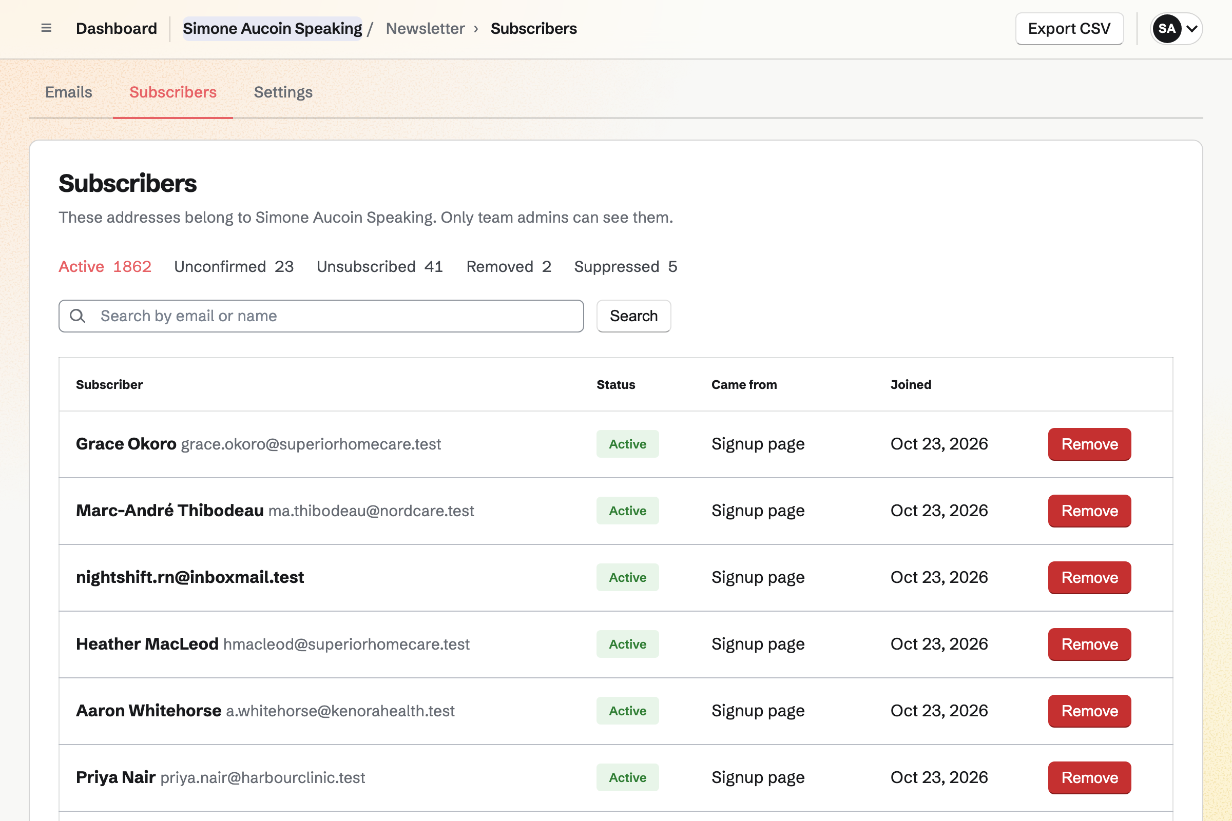 Simone Aucoin’s newsletter subscribers, 1,862 of them active, the newest from her sign-up page on the same day.