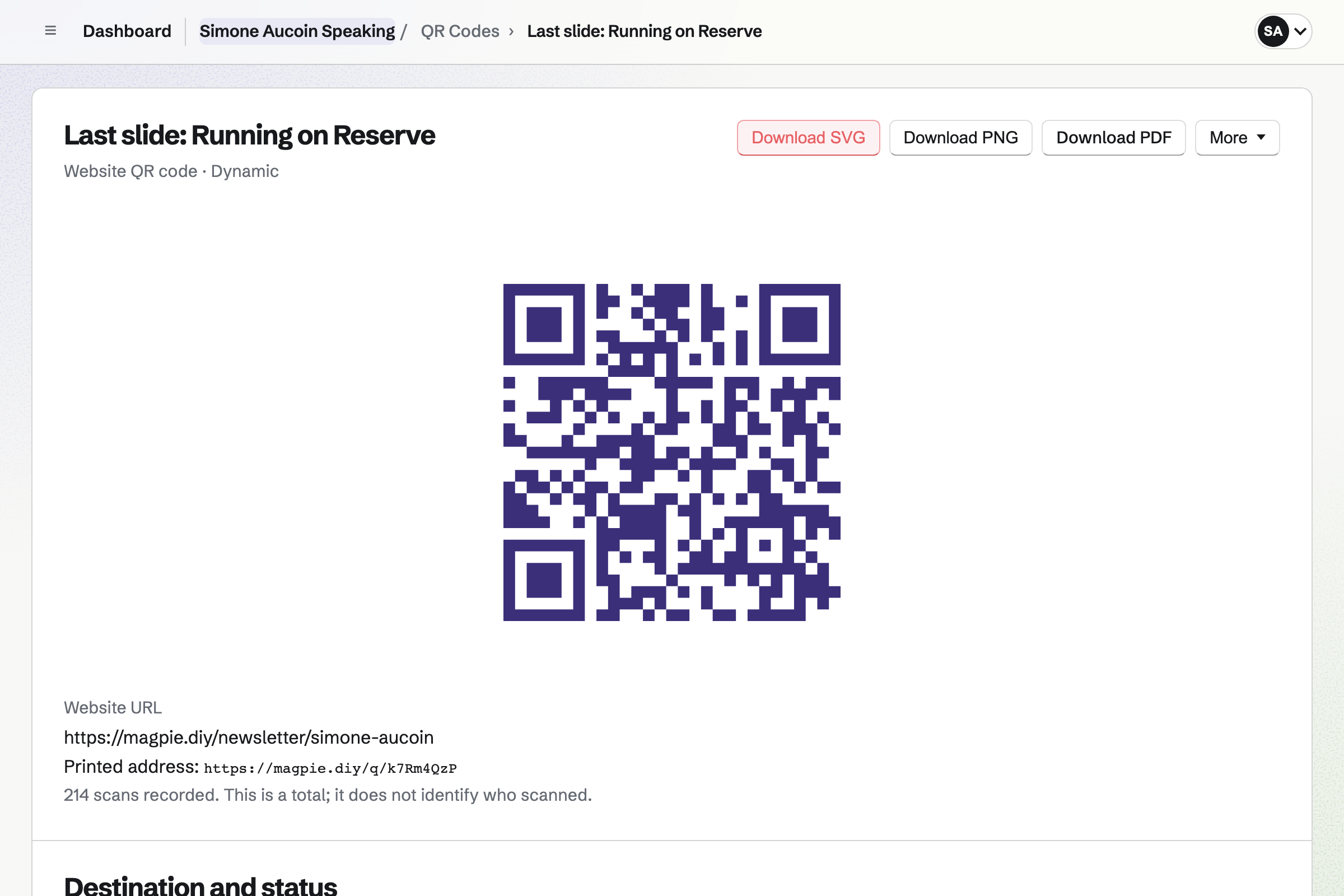 The dynamic QR code on the last slide of Simone Aucoin’s Running on Reserve keynote, in her indigo, with the newsletter sign-up page its scans open, its printed Magpie address and 214 scans.