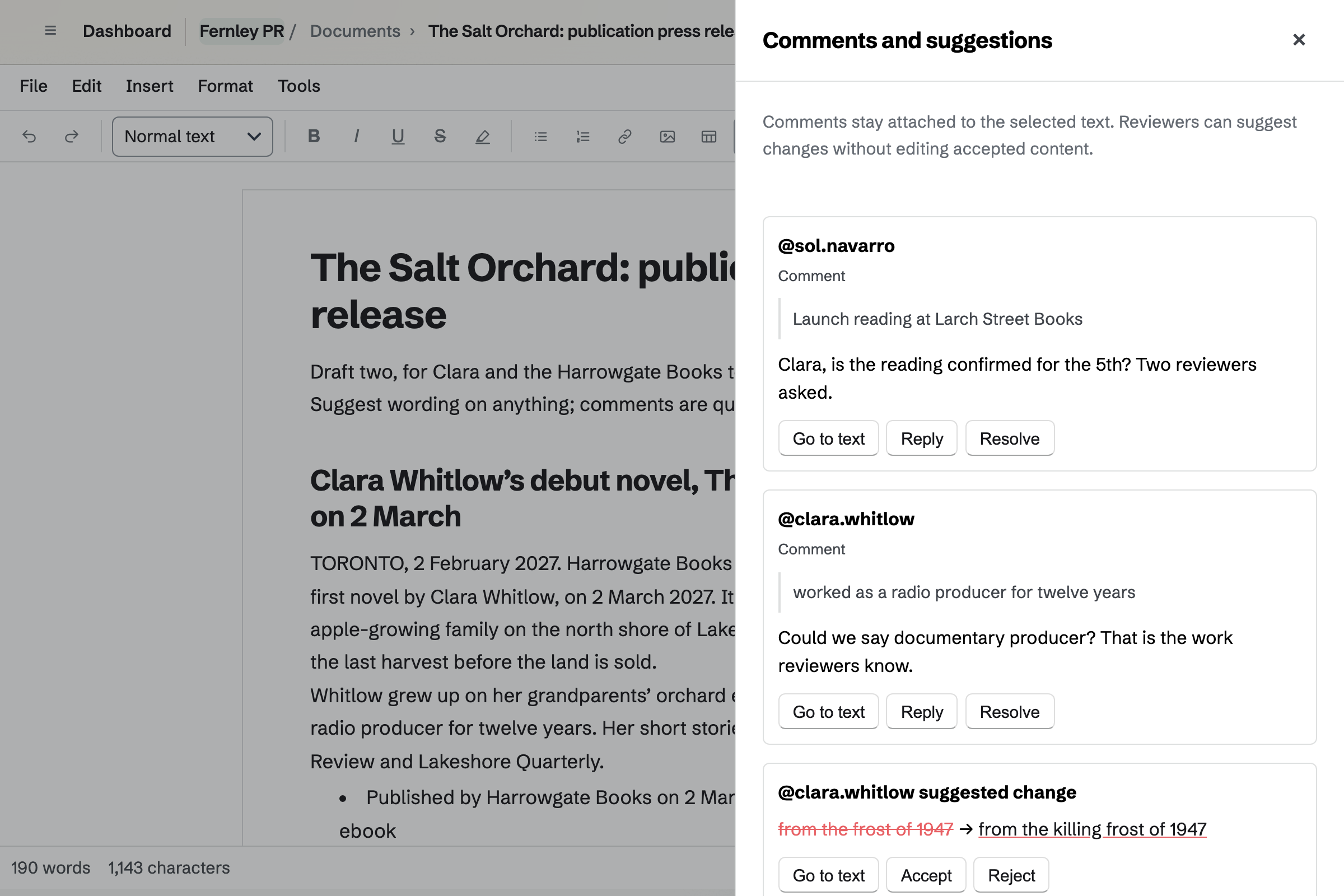 Fernley PR’s publication press release for Clara Whitlow’s debut novel under review: the Comments and suggestions panel lists a question from Sol Navarro and one from the author, then the author’s suggested wording to accept or reject.