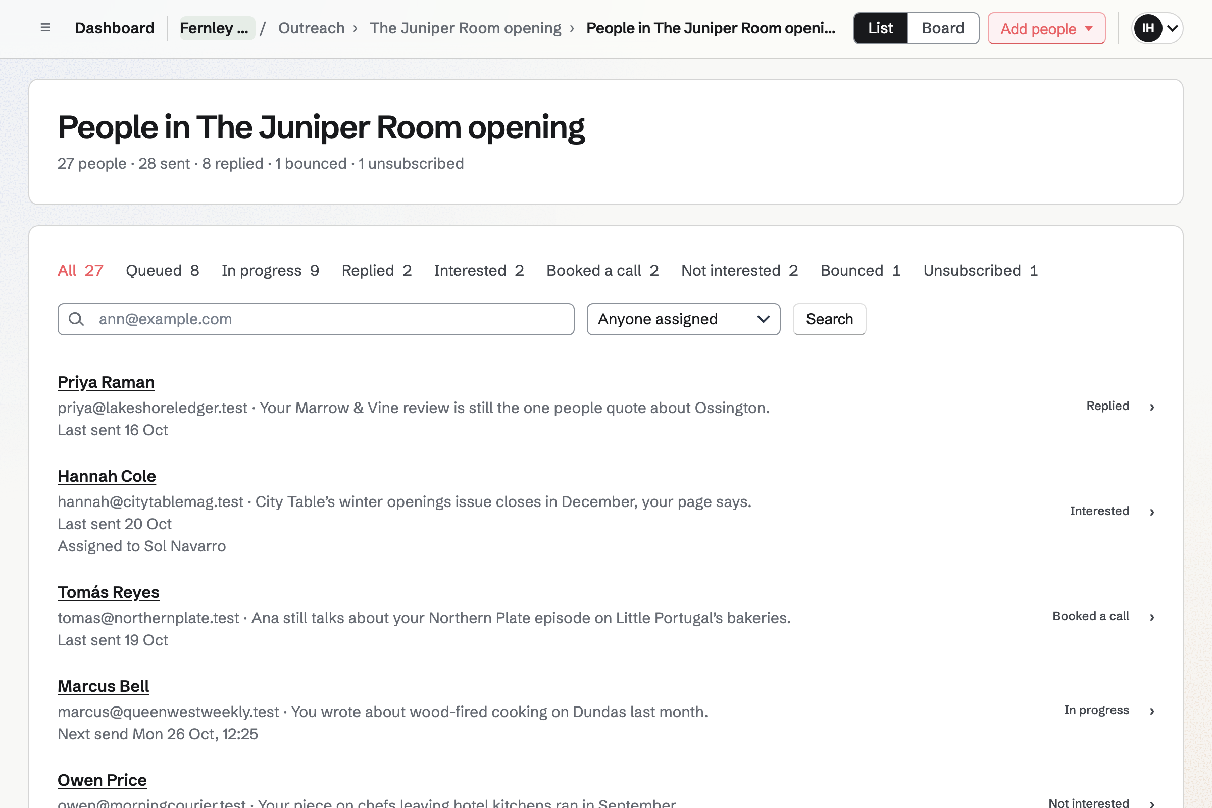 Fernley PR’s pitch for The Juniper Room’s opening: the food writers and critics in it, each with their address, the line written about them, their next or last send and their stage, such as Replied, Interested or Booked a call.