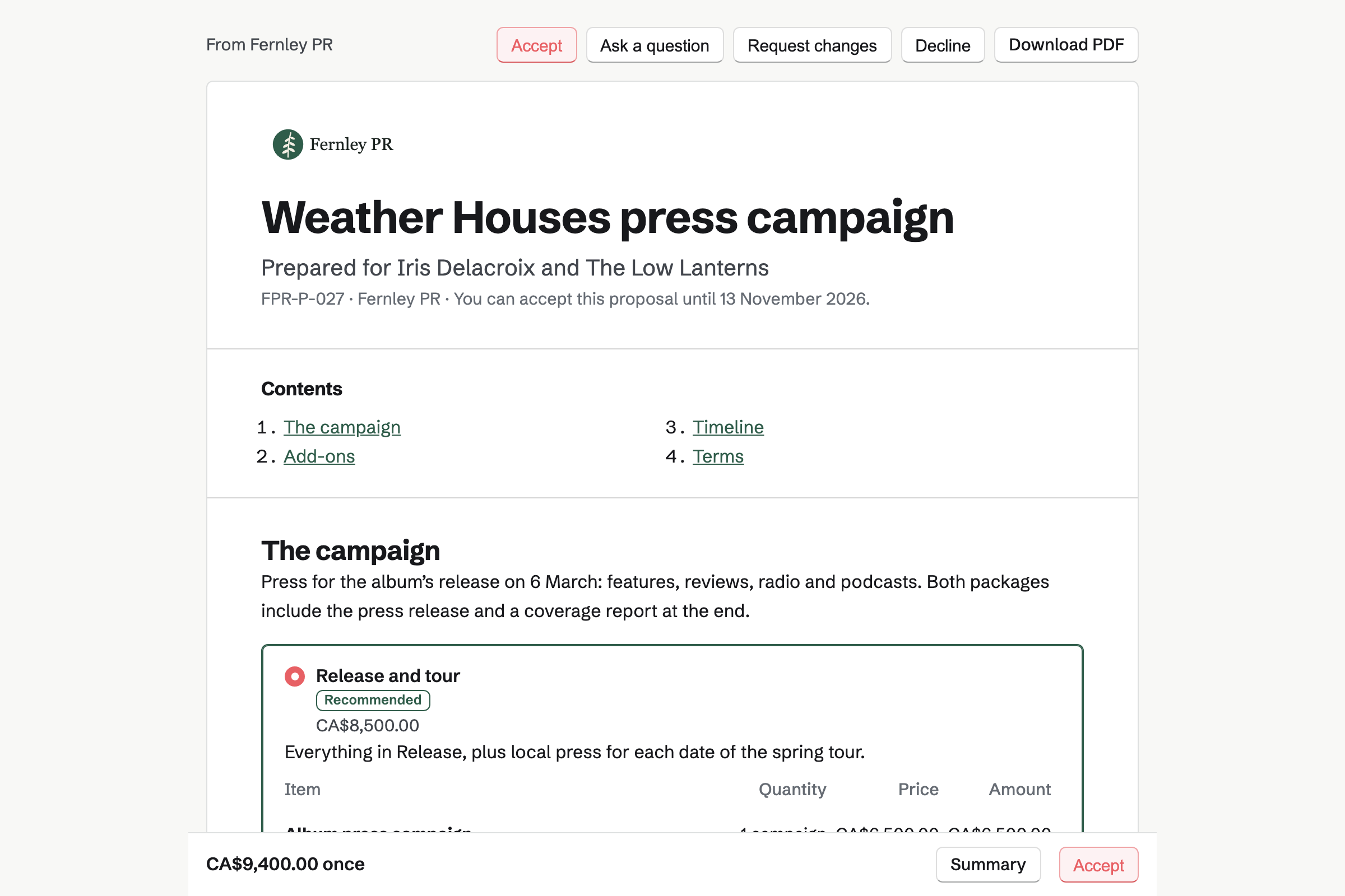 Fernley PR’s proposal for The Low Lanterns’ album press campaign, as the band’s manager sees it, with the cover, the list of contents, the recommended Release and tour package chosen and the total in a bar at the foot of the screen.