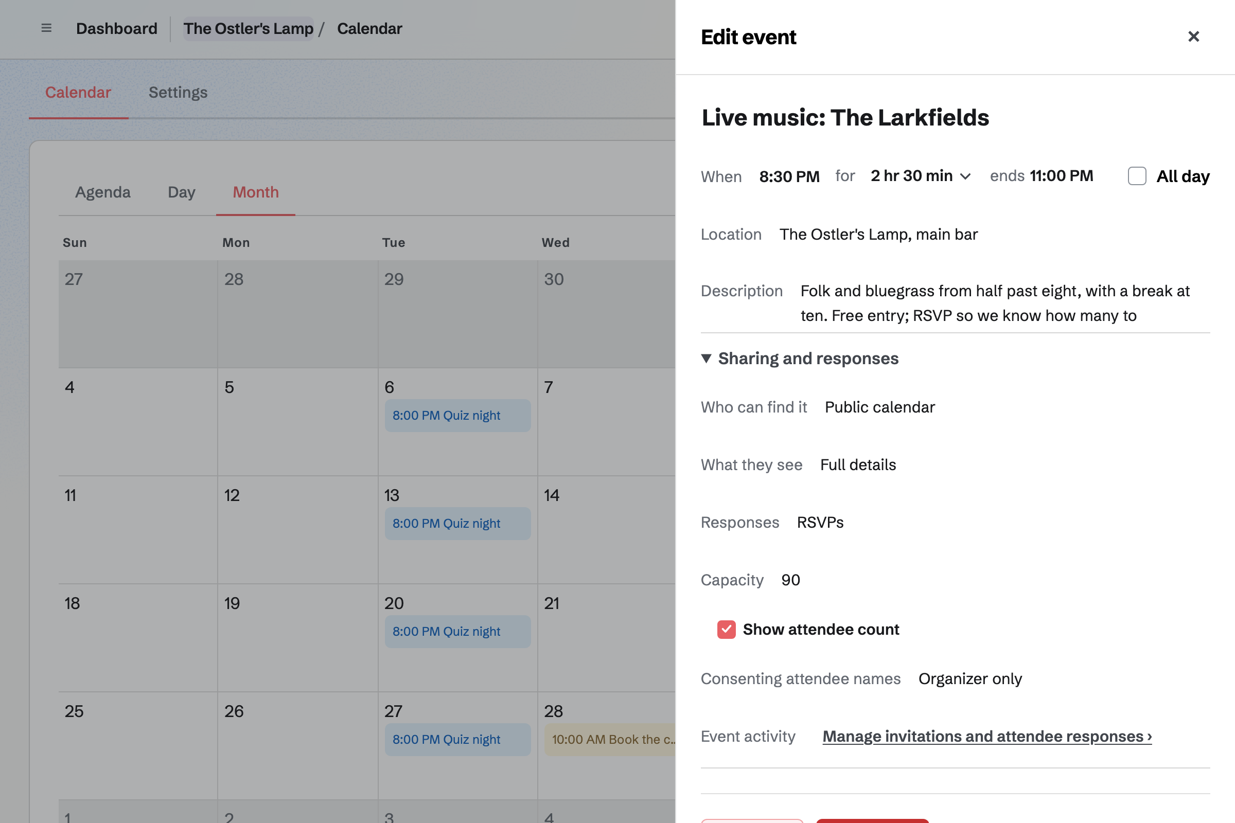 The Ostler's Lamp's Calendar for October, with a quiz night every Tuesday, and a live music night open in the drawer: on the public calendar with its full details, taking RSVPs up to 90 people and showing how many are going.
