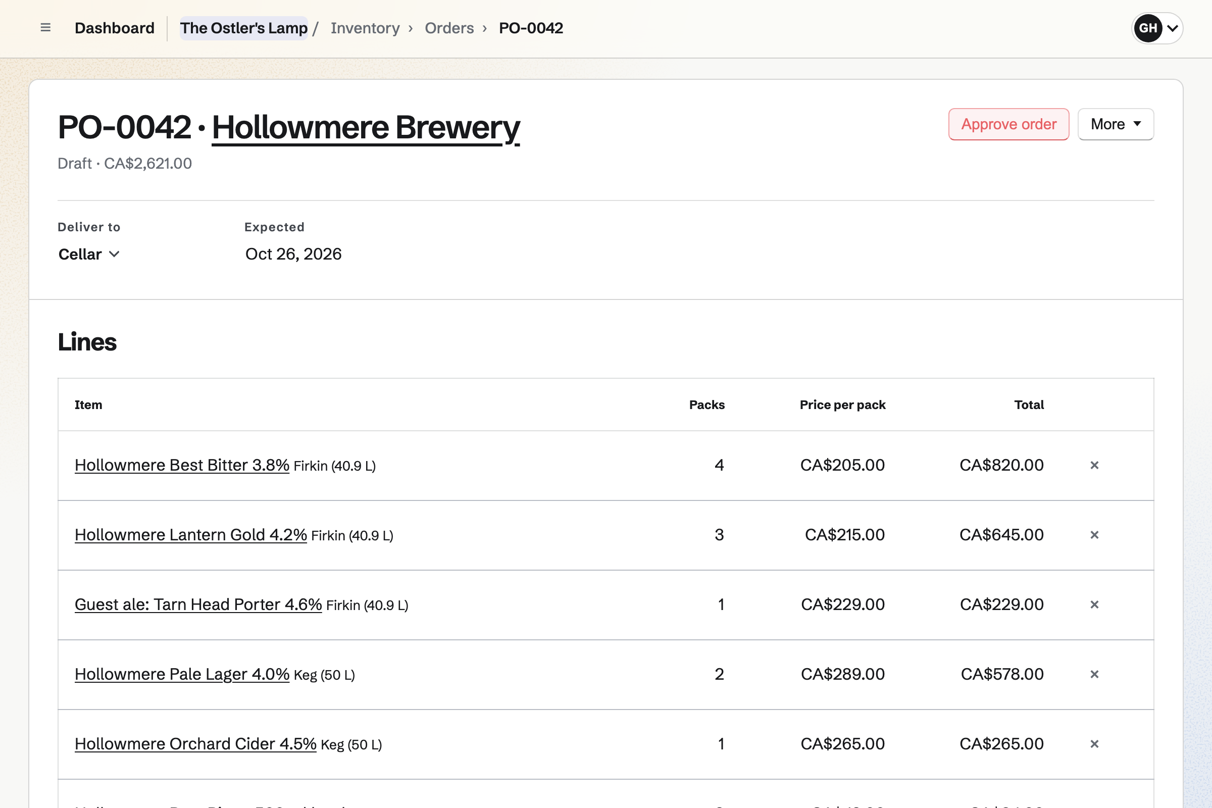 The Ostler's Lamp's draft order PO-0042 to Hollowmere Brewery, for delivery to the cellar, with its total: firkins of the best bitter, the golden ale and a guest porter, and kegs of lager and cider, each with its packs, price per pack and line total.