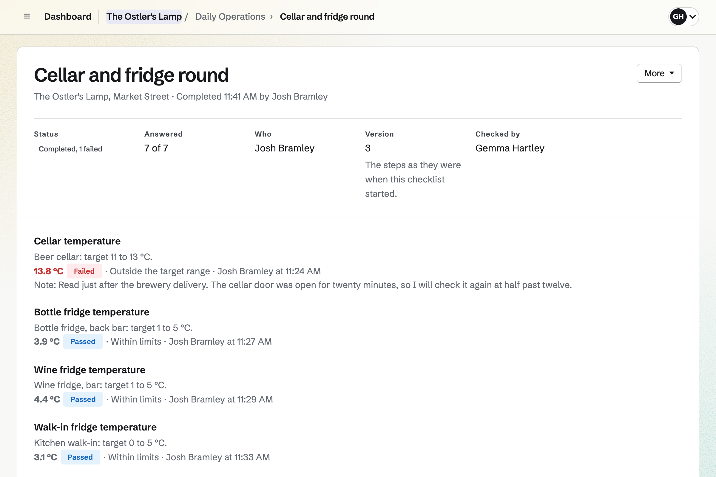 A completed cellar and fridge round at The Ostler's Lamp, taken by Josh Bramley and checked by Gemma Hartley: the beer cellar read 13.8 °C, above its target of 11 to 13 °C, with a note about the brewery delivery, and the bar and kitchen fridges within their limits.