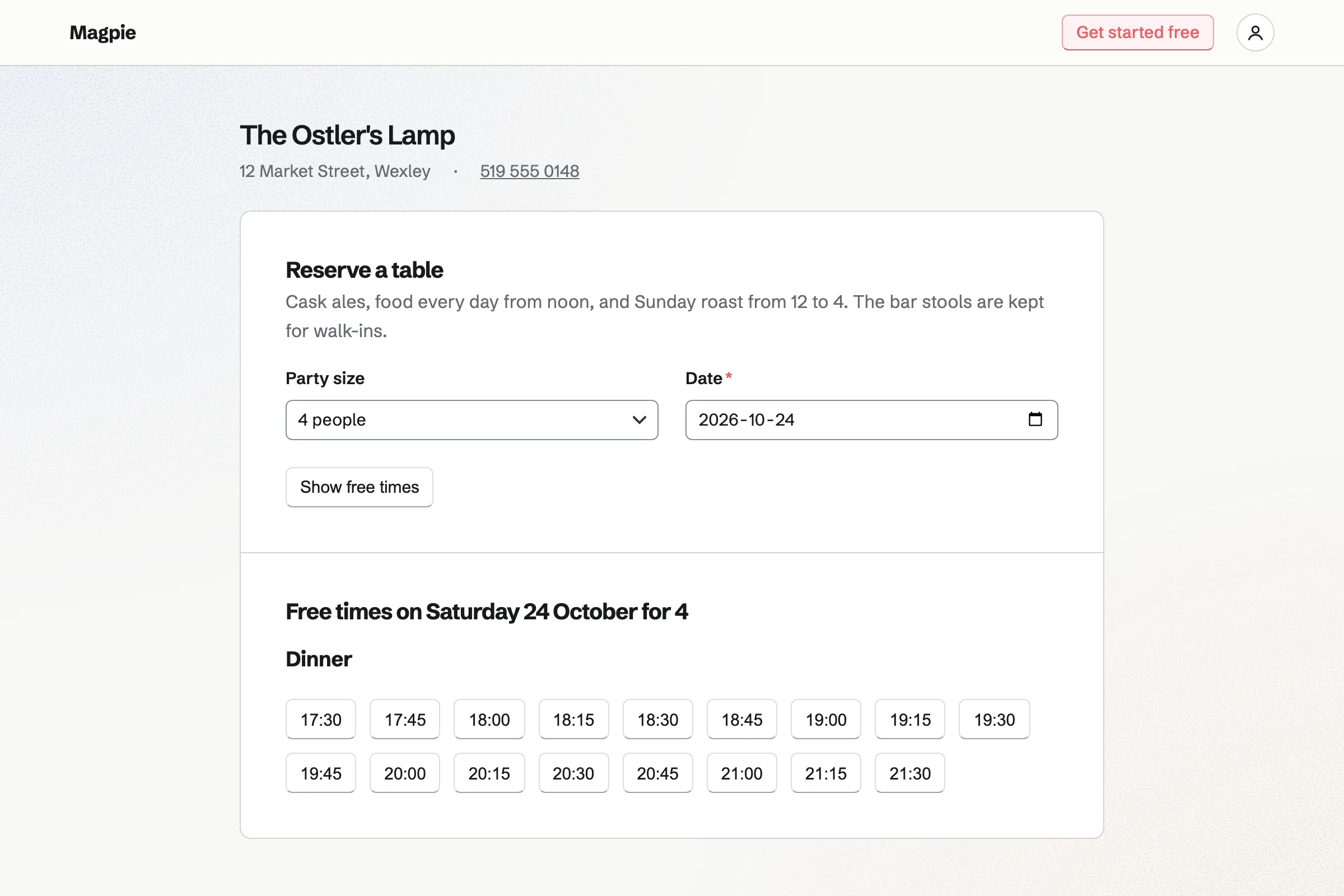 The Ostler's Lamp's booking page: the pub's address and phone, a table for four on Saturday, and Dinner's free times to choose from.