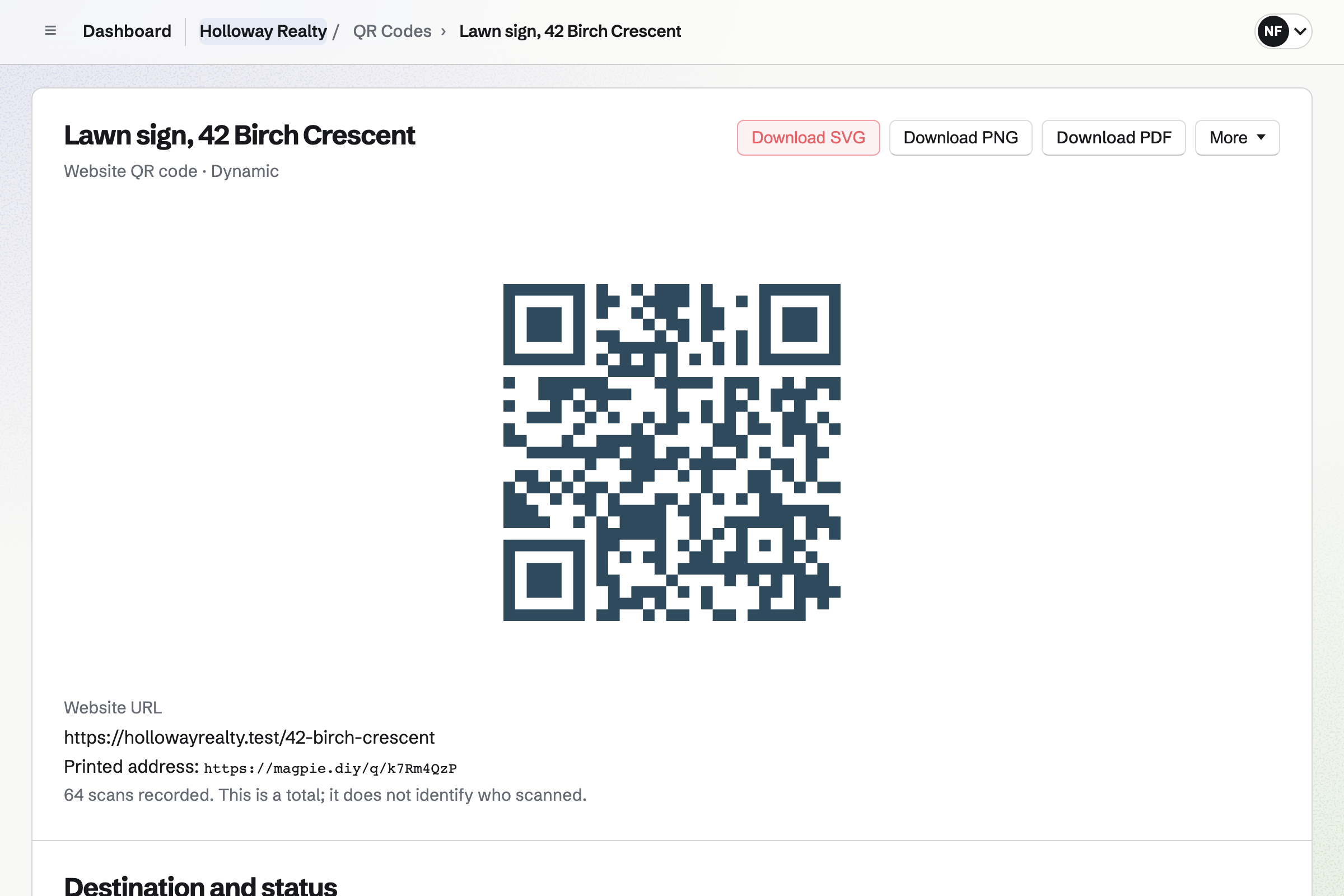 The dynamic QR code on Holloway Realty’s lawn sign for 42 Birch Crescent, with its 64 scans and the earlier listing it pointed to.