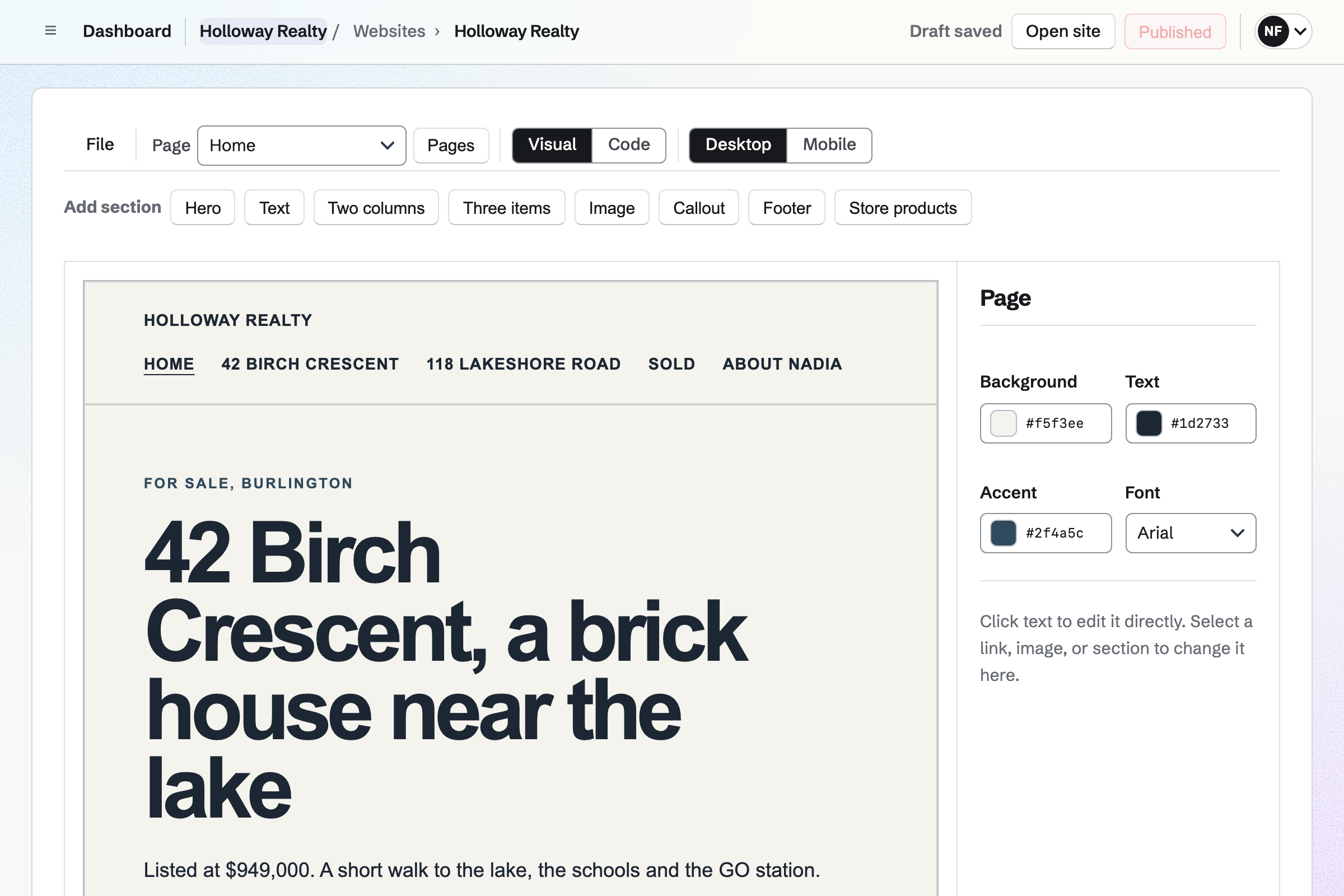 Holloway Realty’s website in the editor: the home page leads with 42 Birch Crescent and its price, and the menu has a page for each listing.