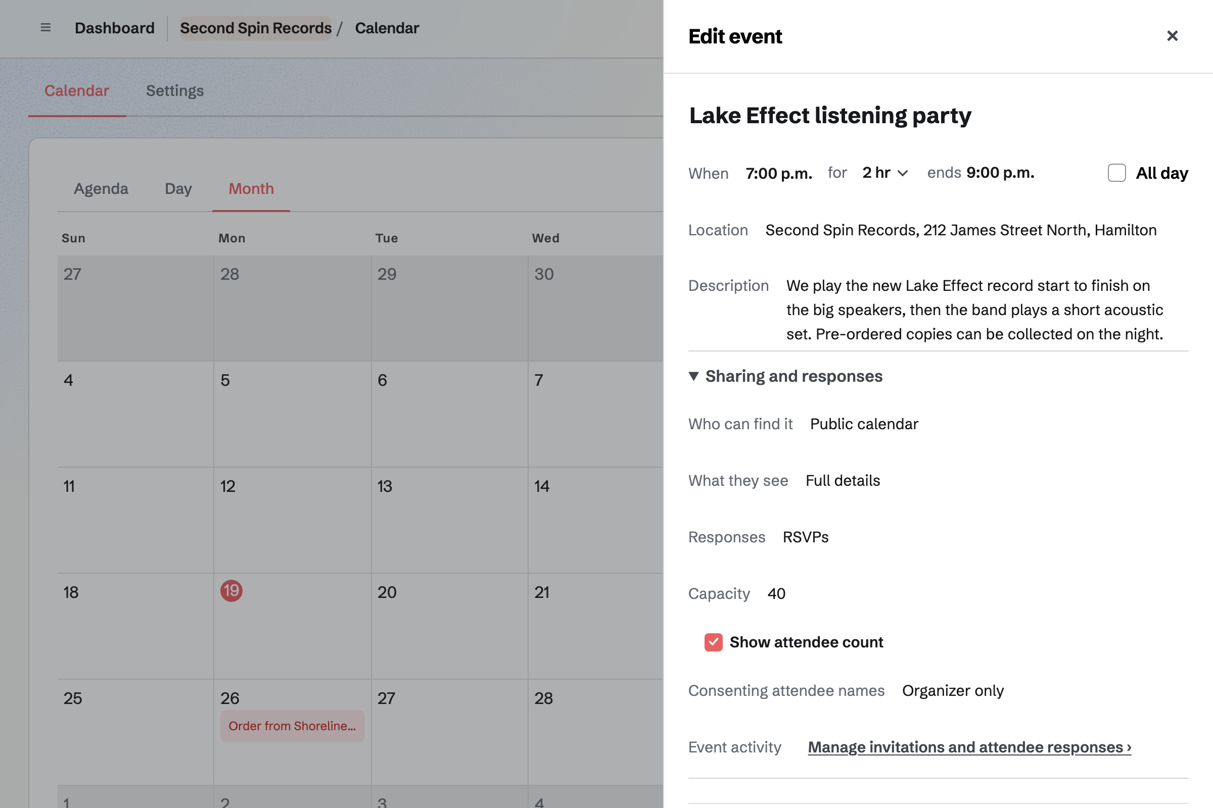 Second Spin Records’ listening party for Lake Effect on its calendar: a public event with RSVPs up to forty people and its attendee count shown.