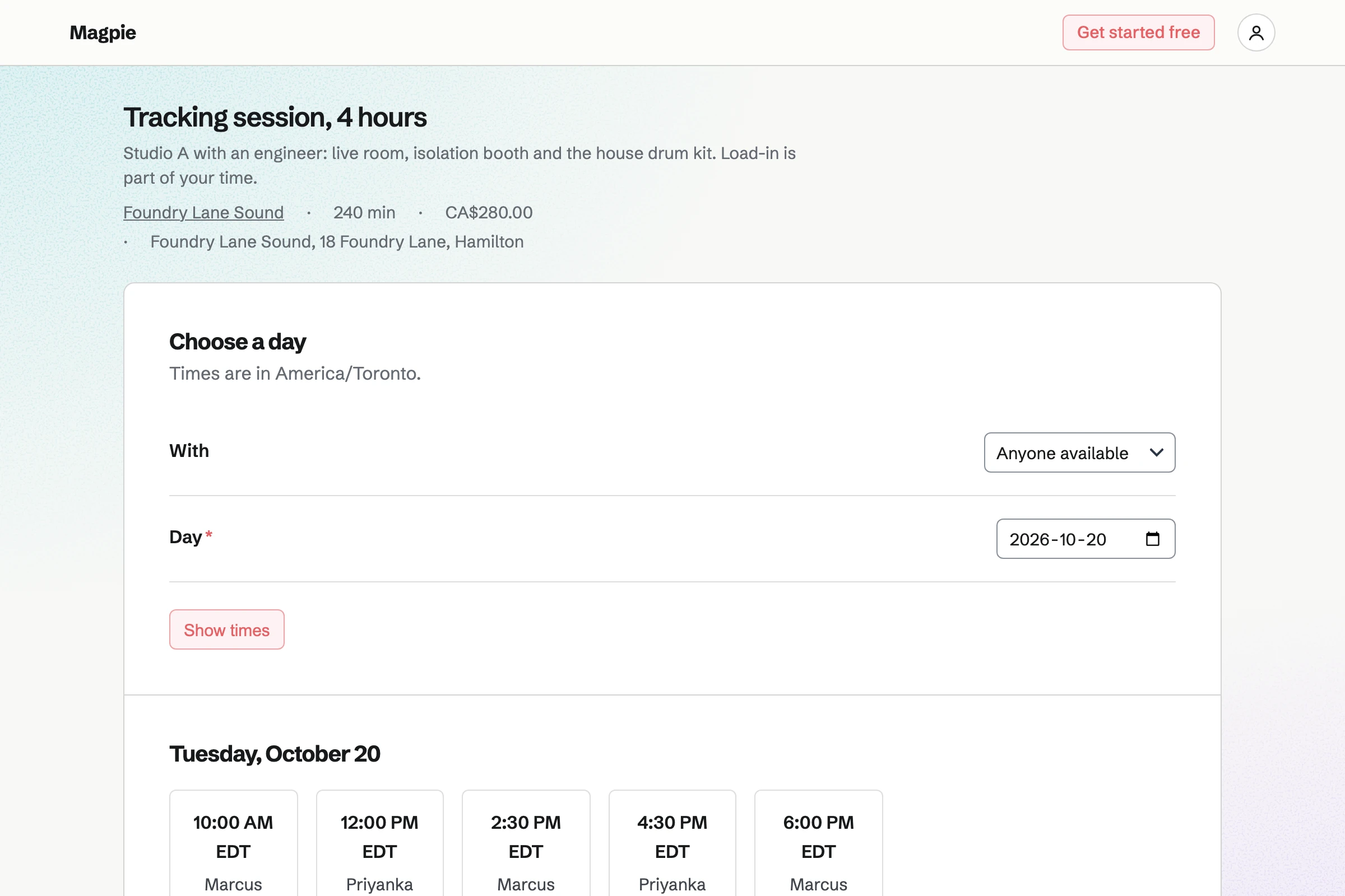 Foundry Lane Sound’s booking page for a four-hour tracking session in Studio A, with the free start times with its two engineers on the chosen day.