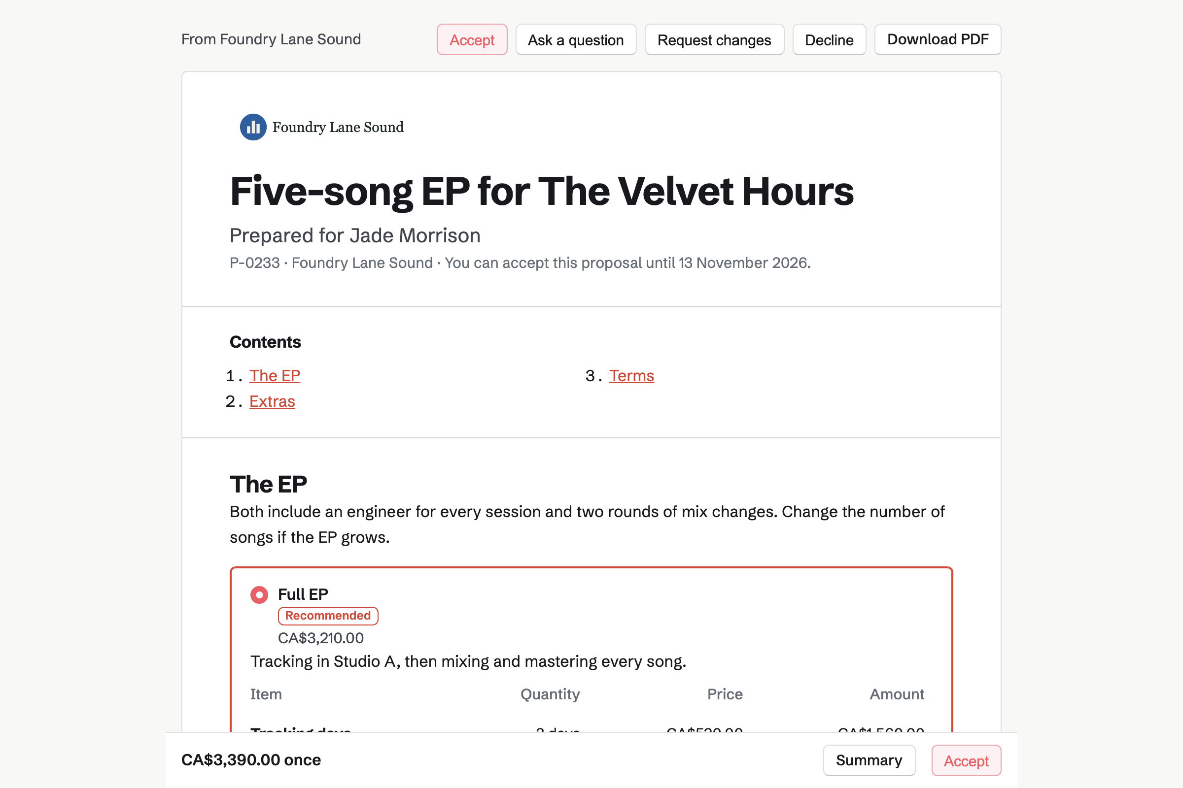 An EP proposal from Foundry Lane Sound for The Velvet Hours, with the cover, the list of contents, the full EP package chosen and the total in a bar at the foot of the screen.