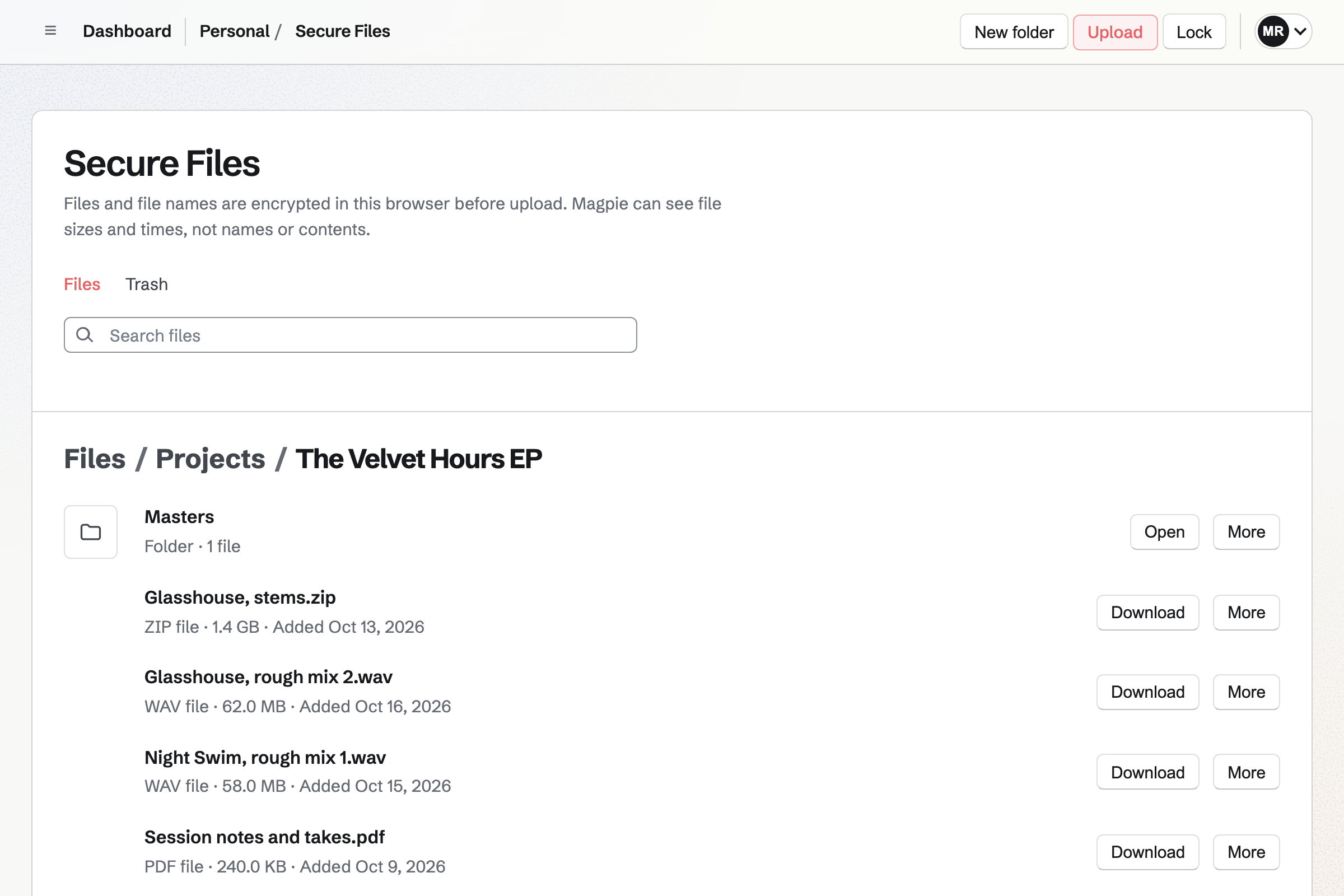 Foundry Lane Sound’s Secure Files, open on The Velvet Hours’ EP folder: stems, rough mixes and session notes, with a Masters folder.