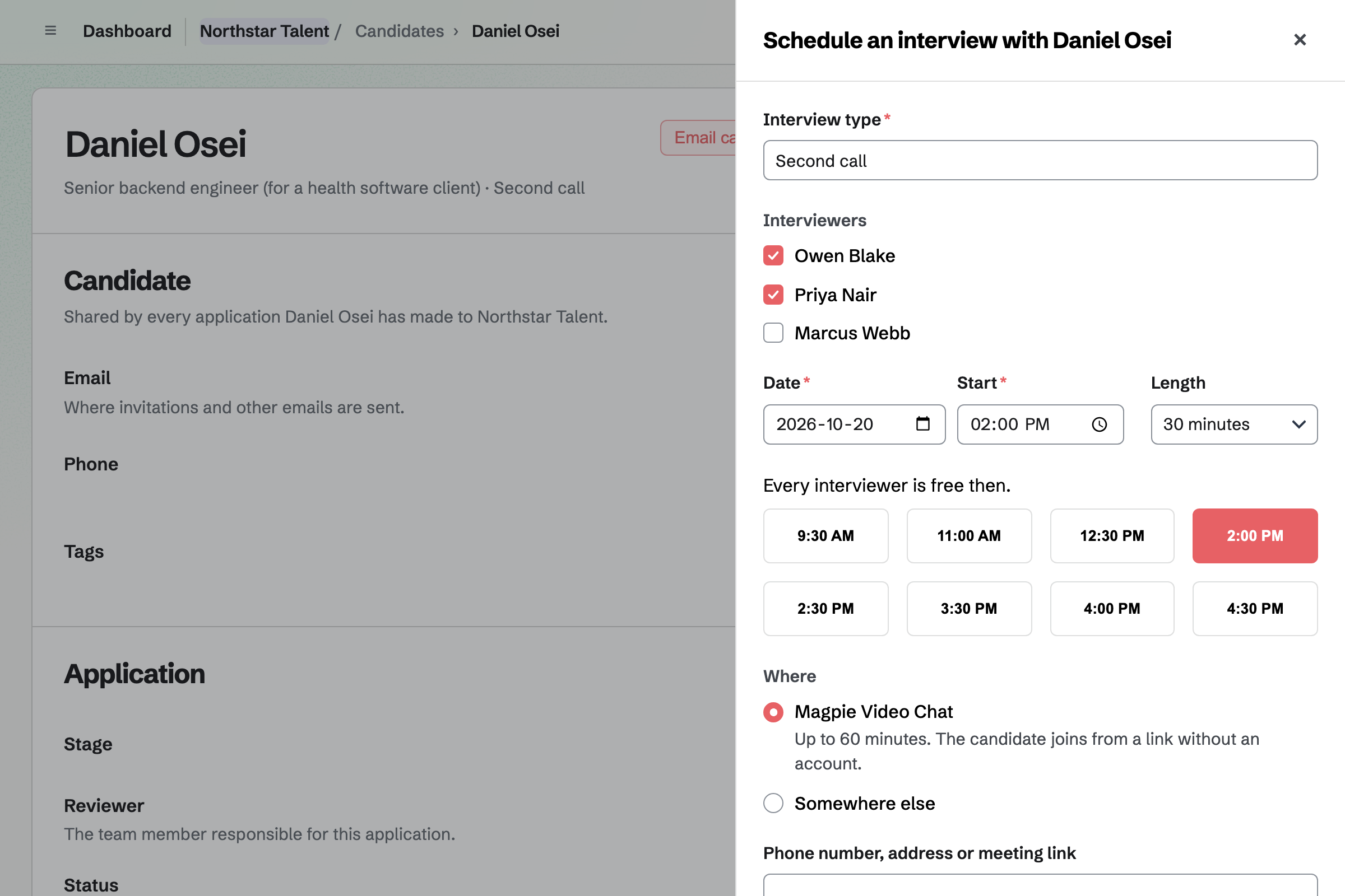 Scheduling a second call for the senior backend engineer role with a candidate: the interviewers, the start times when they are all free, and a video link.