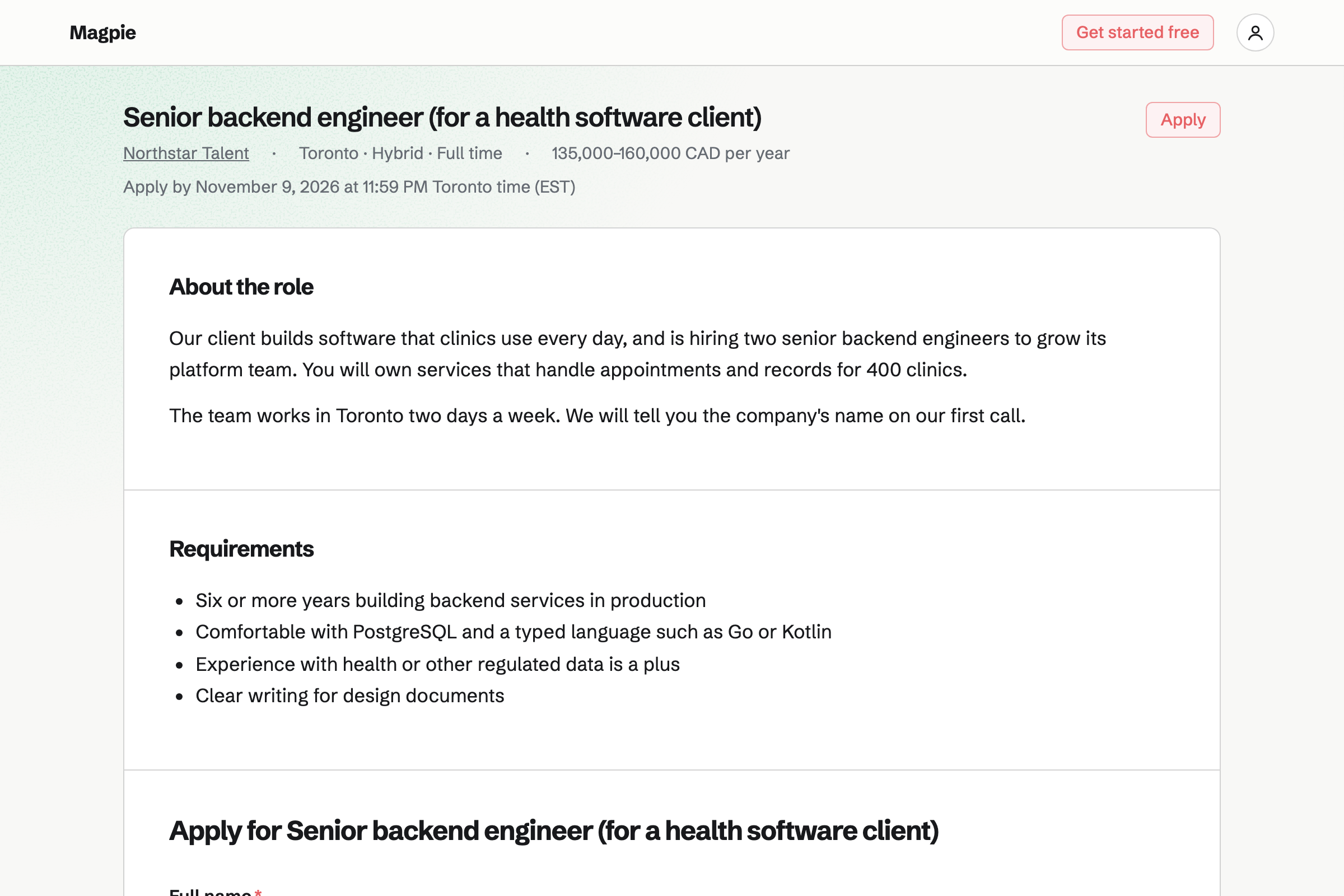 Northstar Talent’s job page for a senior backend engineer at a client: the role’s facts and salary, the closing date and Apply, then the work and what the role needs.