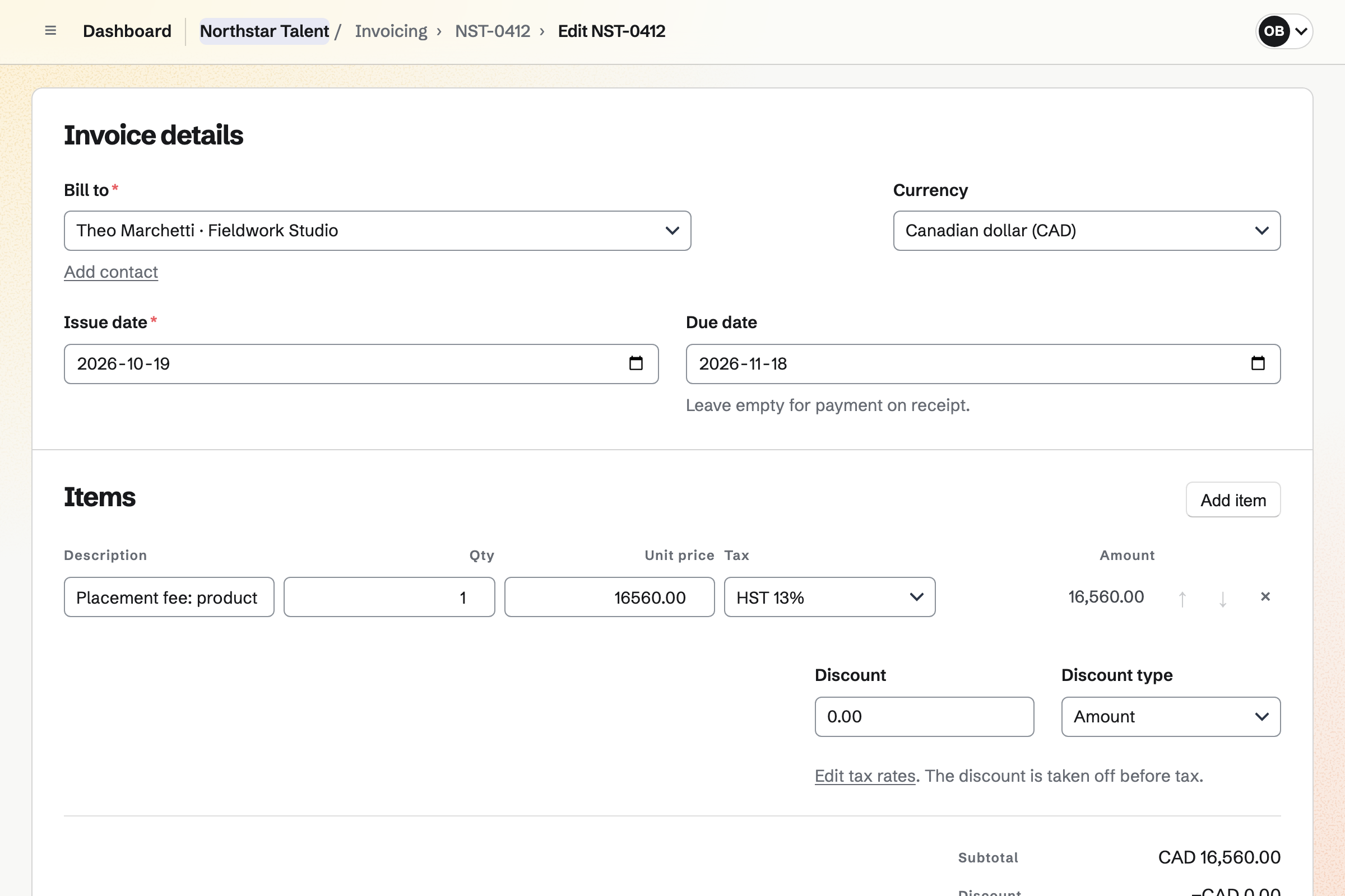 Northstar Talent’s placement fee invoice to Fieldwork Studio in the editor: the fee for placing a product designer, with the issue and due dates.