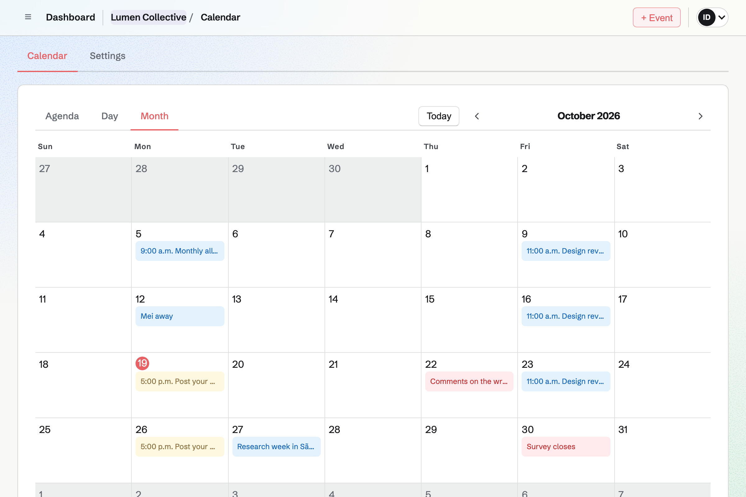 Lumen Collective’s team Calendar for October in Month view on a computer and Agenda view on a phone: the monthly all-hands, design reviews, a research week, someone away and the deadline for comments.