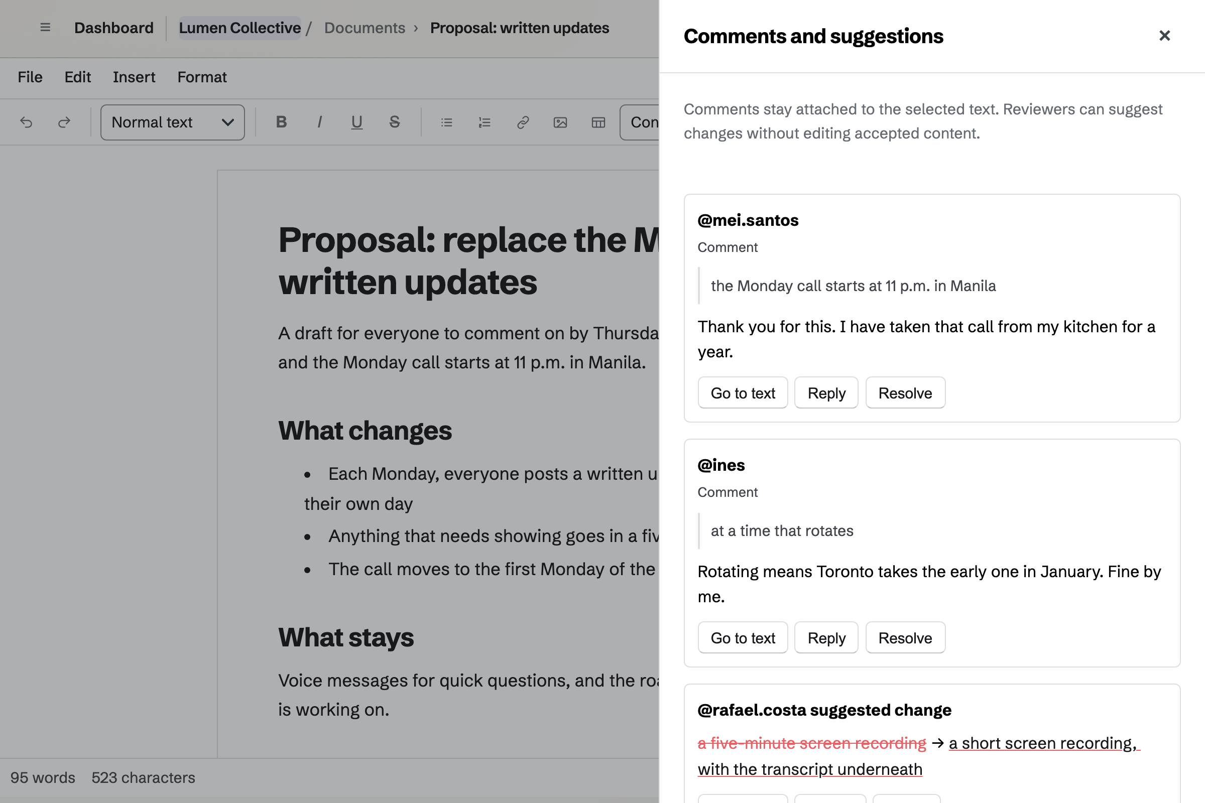 Lumen Collective’s proposal to replace the Monday call with written updates, under review: its Comments and suggestions panel lists comments from teammates in two time zones, then a contractor’s suggested wording.