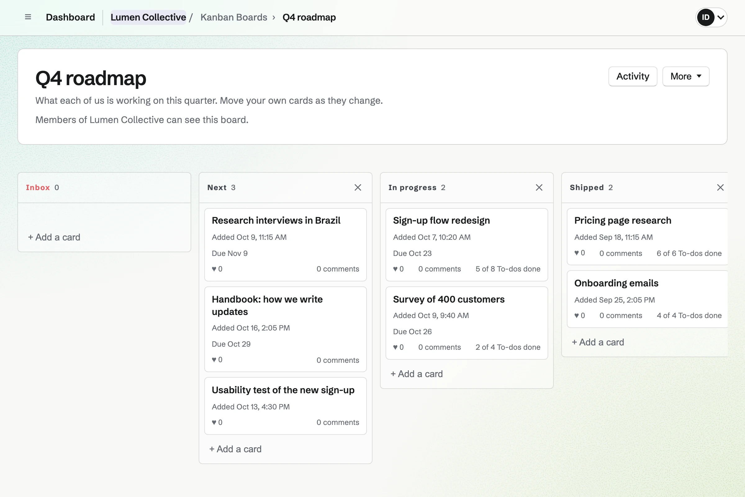 Lumen Collective’s roadmap board: the next pieces of work, what is in progress with due dates and To-dos, and what shipped this quarter.