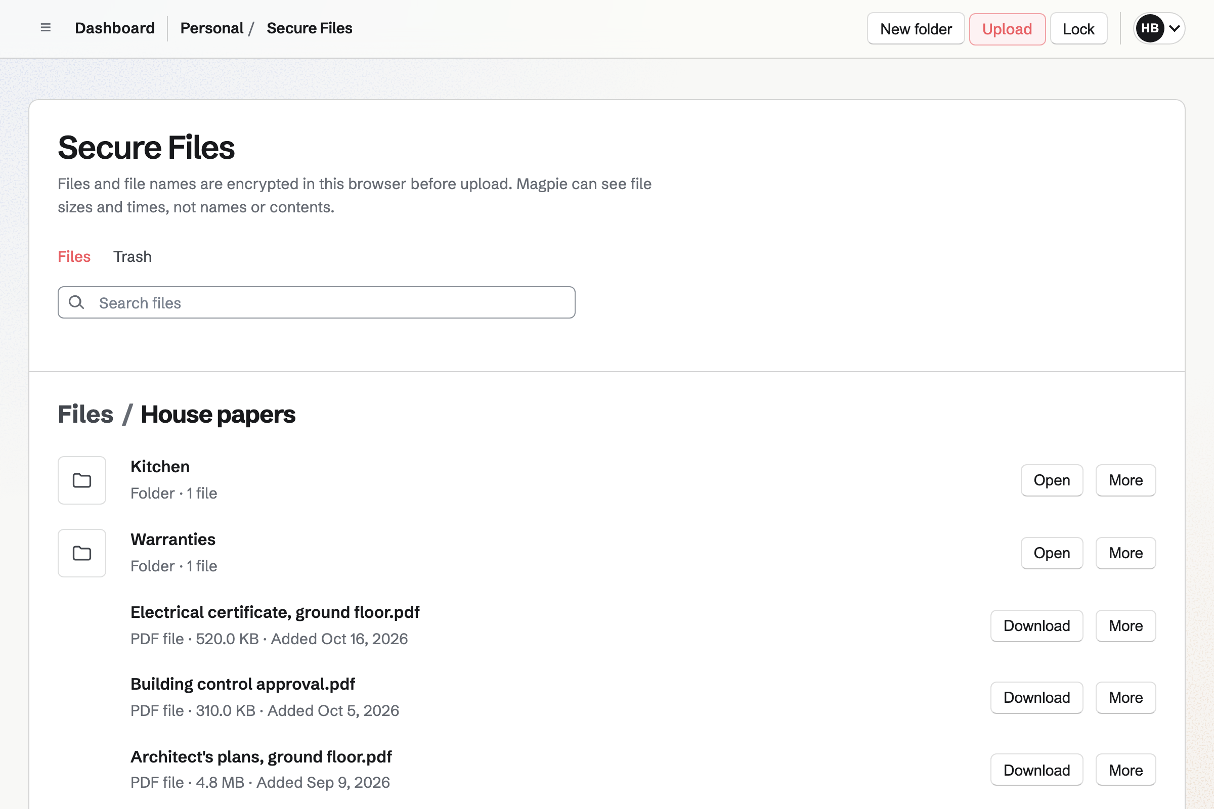 Hannah’s Secure Files open on the House papers folder: warranties, certificates, the plans and the kitchen order, each with its size and date.