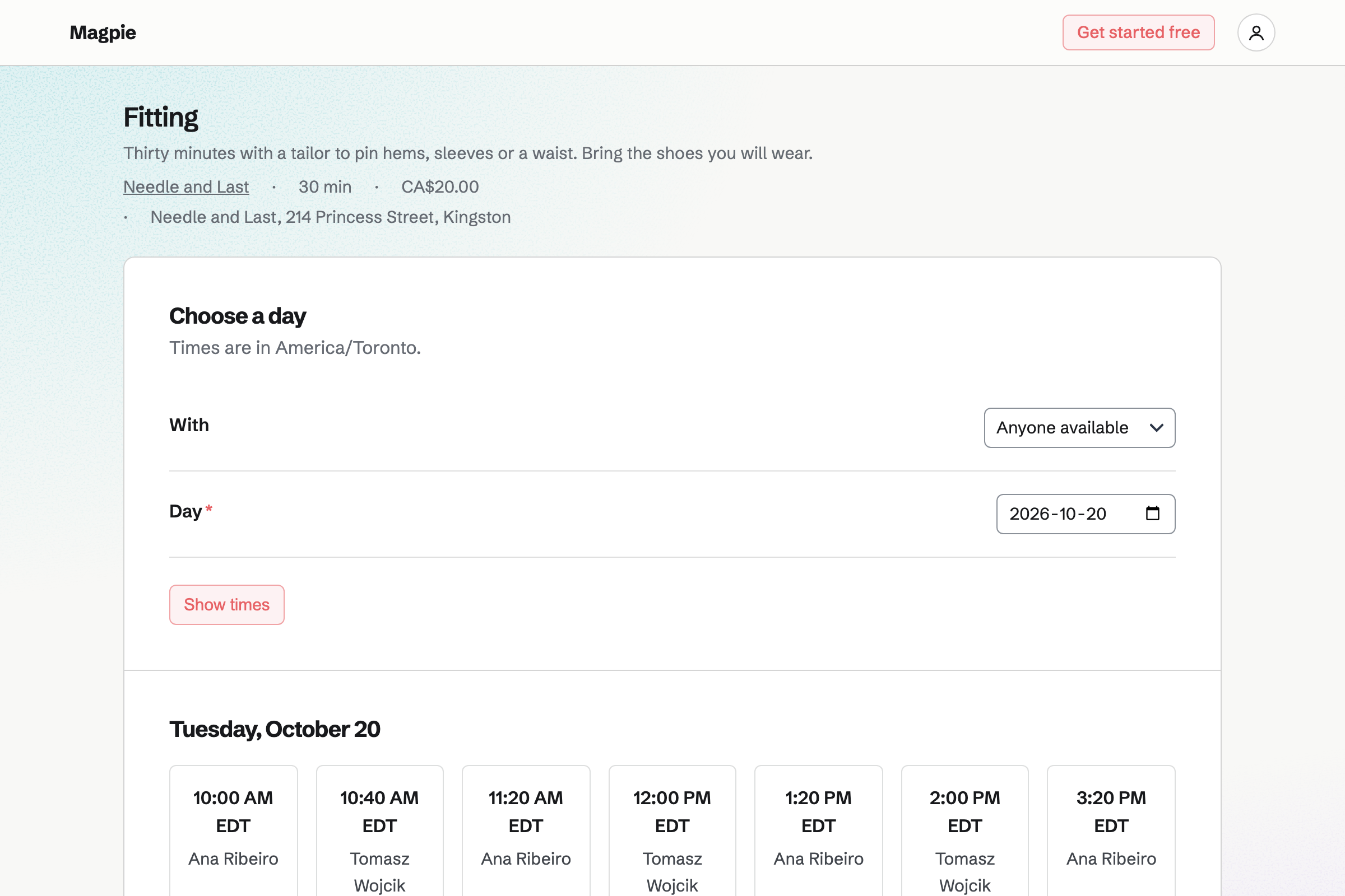 Needle and Last’s booking page for a fitting: 30 minutes with a tailor for CA$20.00, and the free start times with Ana and Tomasz on the chosen day.