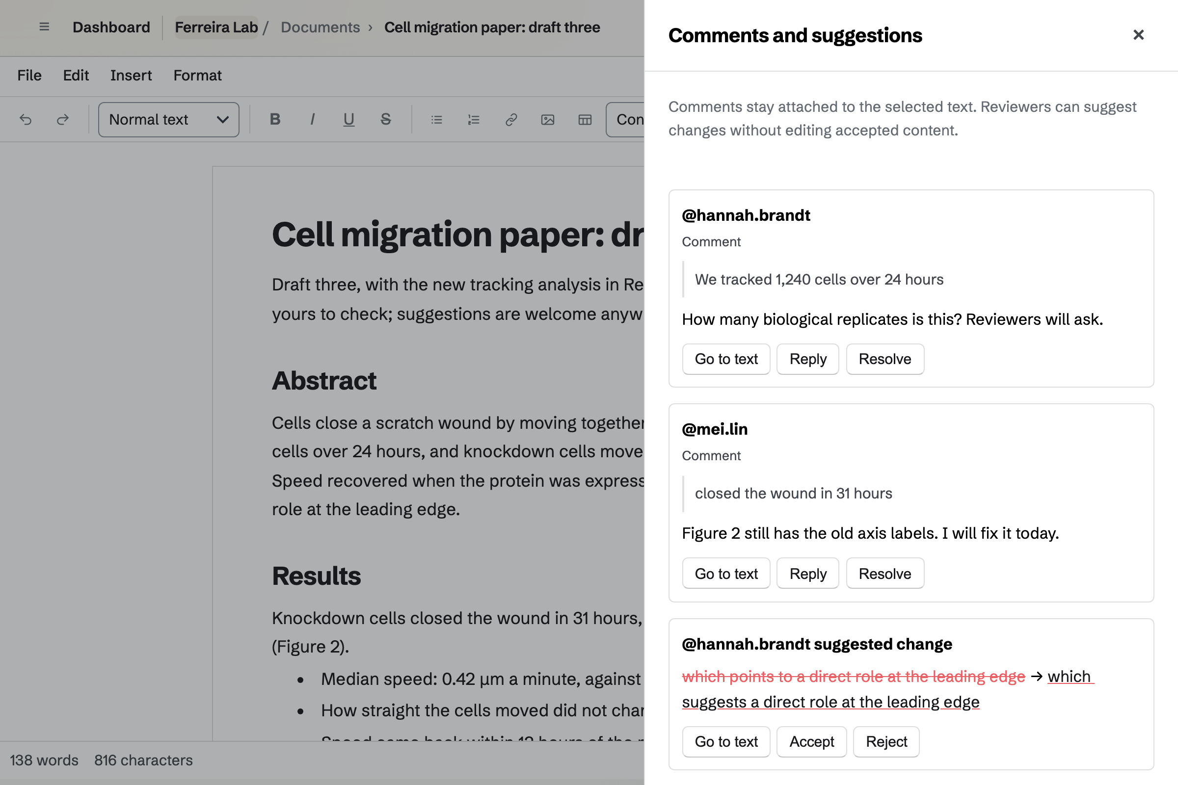 Draft three of the lab’s cell migration paper in Documents, with a co-author’s comment and suggested wording, and a lab member’s comment, in the review panel.