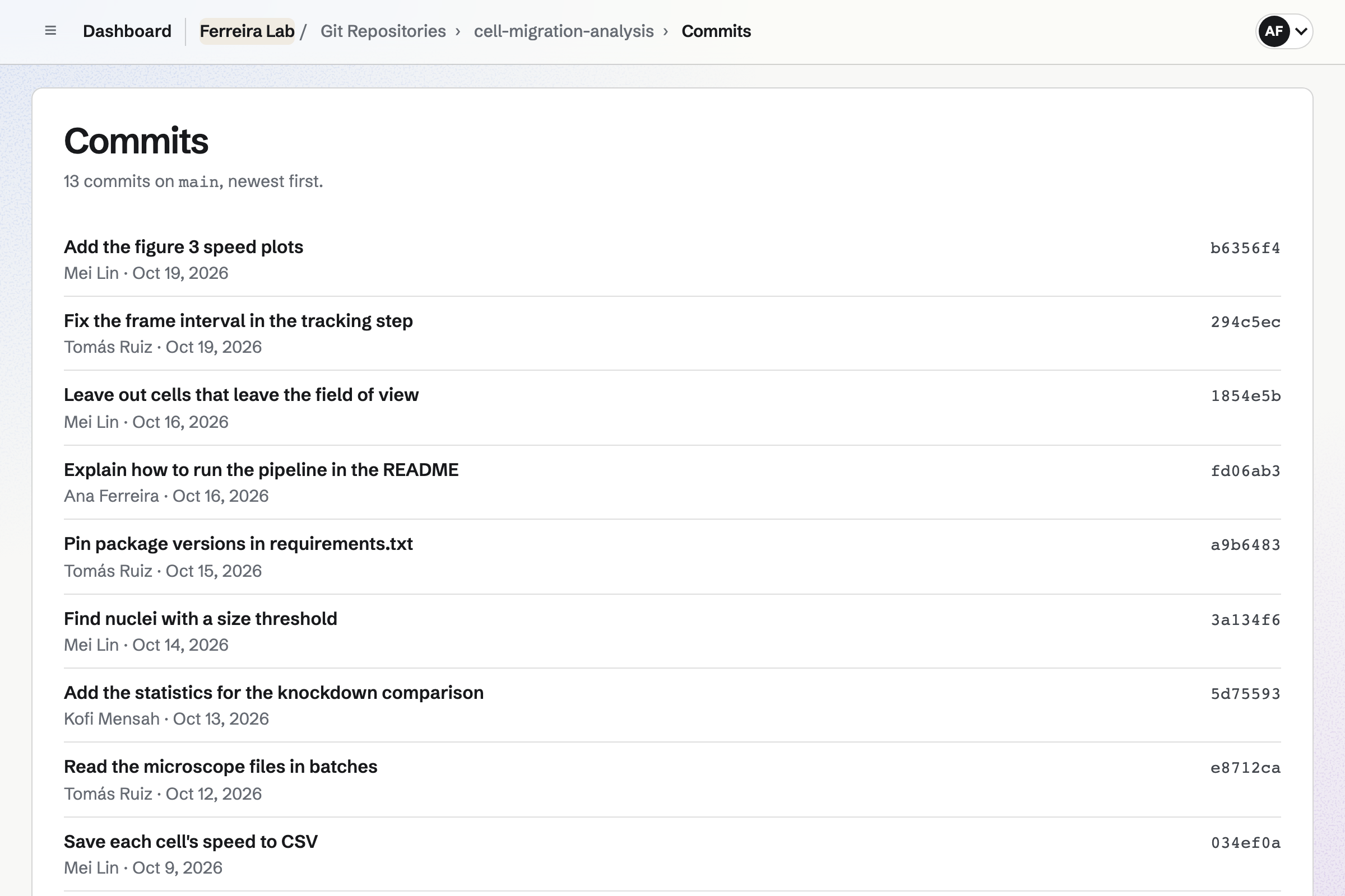 The commits on main in the Ferreira Lab’s cell-migration-analysis repository, newest first, each with its message, author and date.