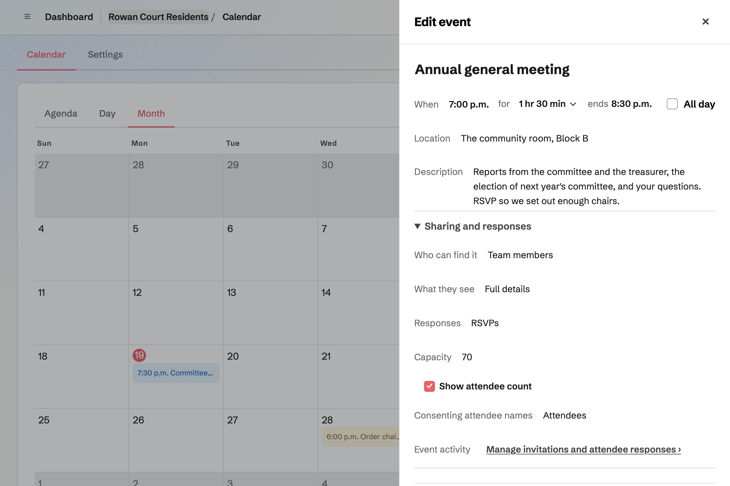 Rowan Court Residents’ Calendar with the AGM’s details open: it is for residents, it takes RSVPs up to 70 people, and its page shows how many are going.