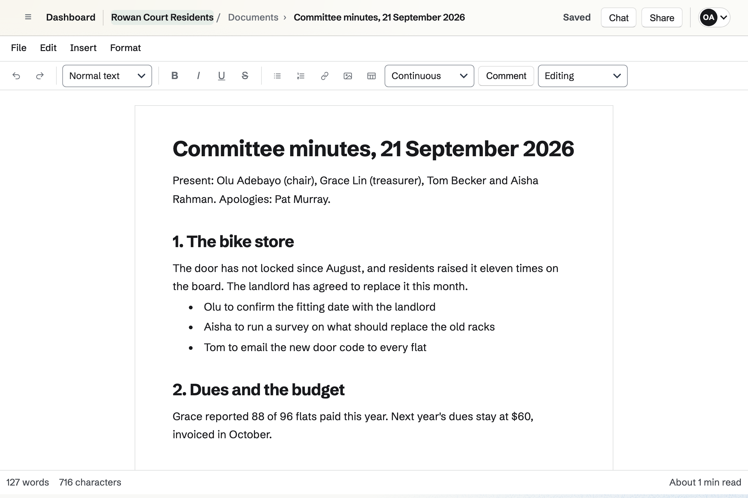 The minutes of Rowan Court Residents’ September committee meeting open in Documents: who was there, then the bike store item with its actions.