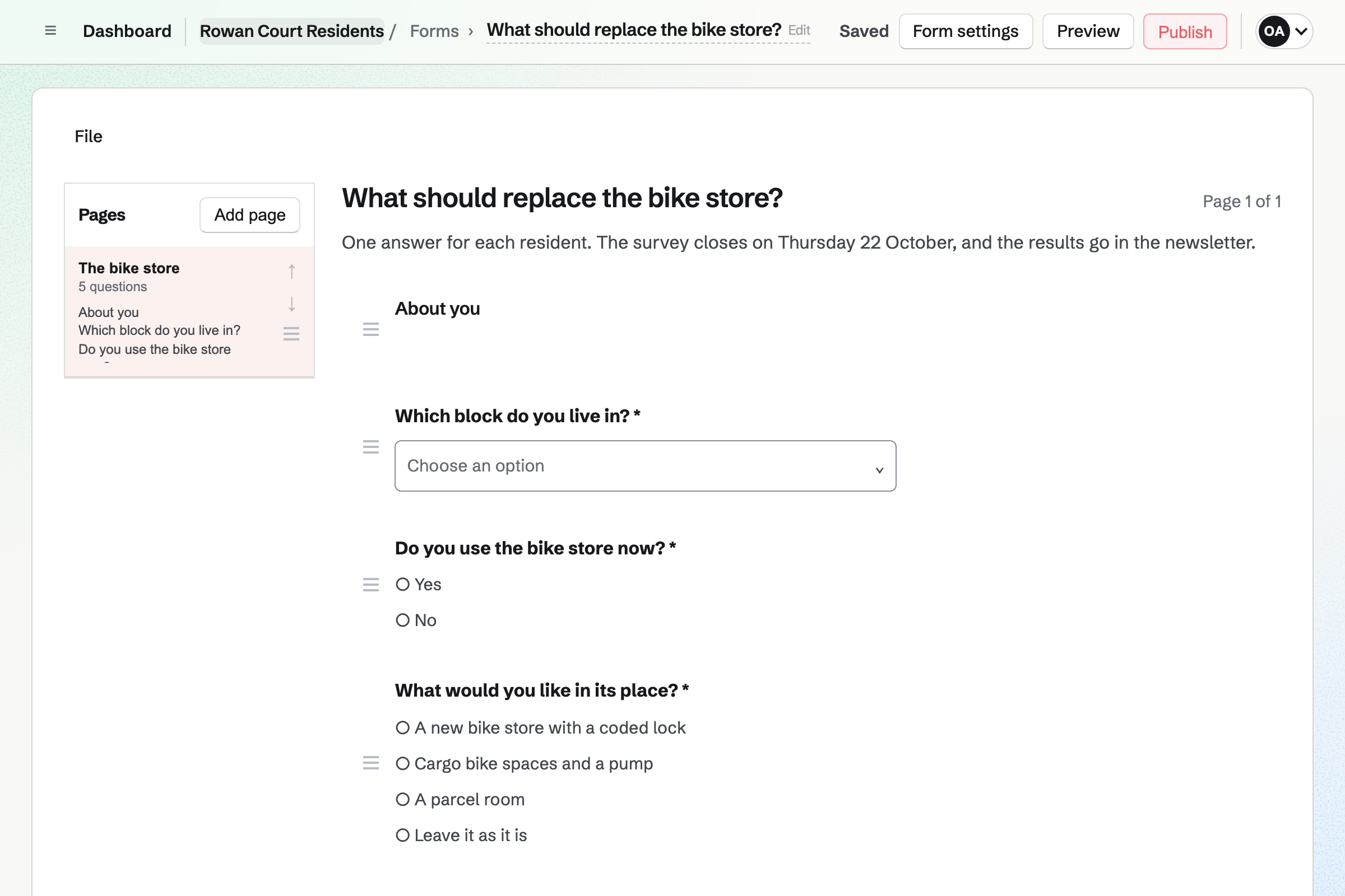 The Form builder with Rowan Court Residents’ survey about the bike store: a note that each resident answers once, then questions for their block, whether they use the store and what should replace it.