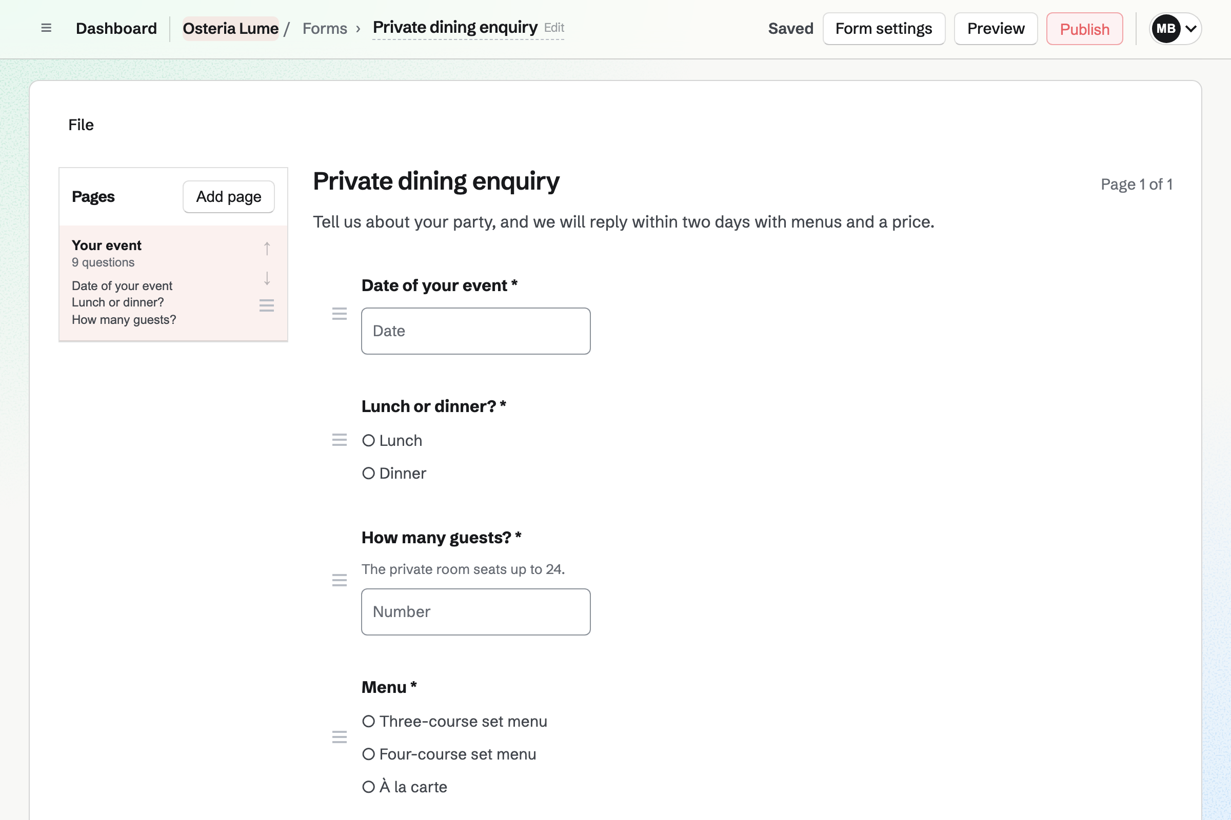 Osteria Lume’s Private dining enquiry Form in the Form builder: questions for the date, lunch or dinner, the number of guests and the menu, each with its answer type and a handle to reorder it.