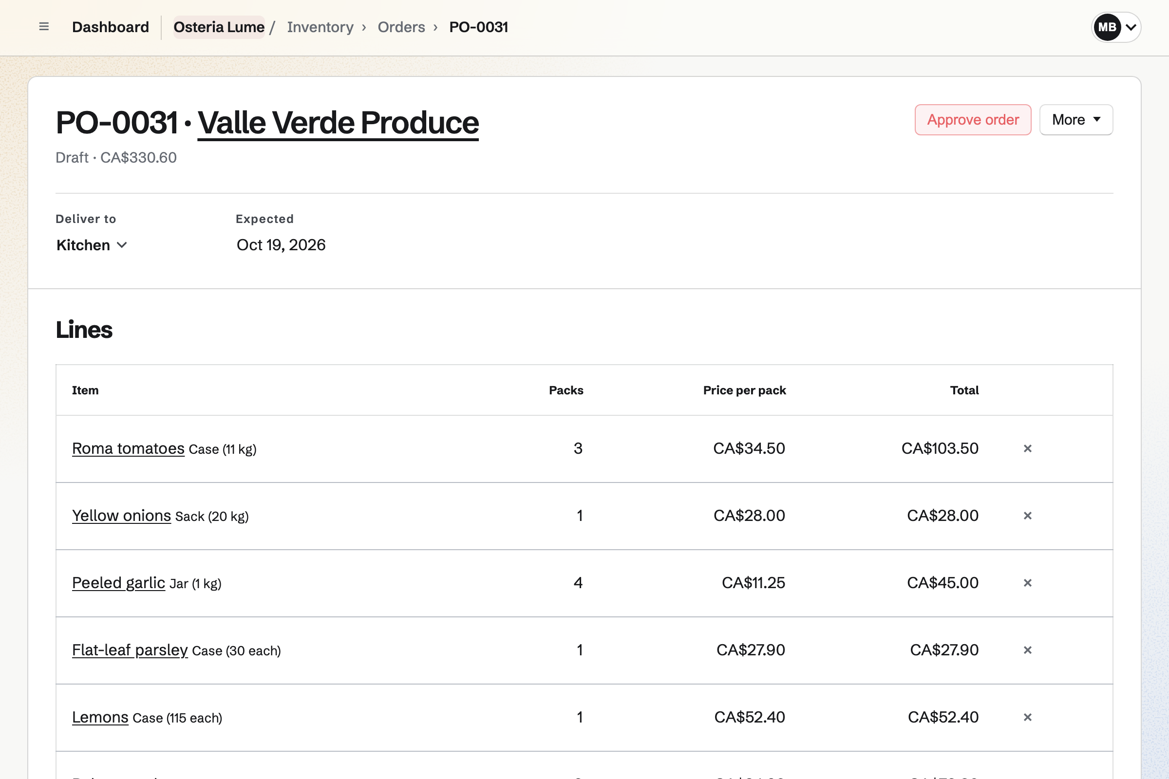 Osteria Lume’s draft order PO-0031 to Valle Verde Produce, delivered to the kitchen: Roma tomatoes, onions, garlic, parsley and lemons, each with its packs, price per pack and total, and the order’s total of CA$330.60.