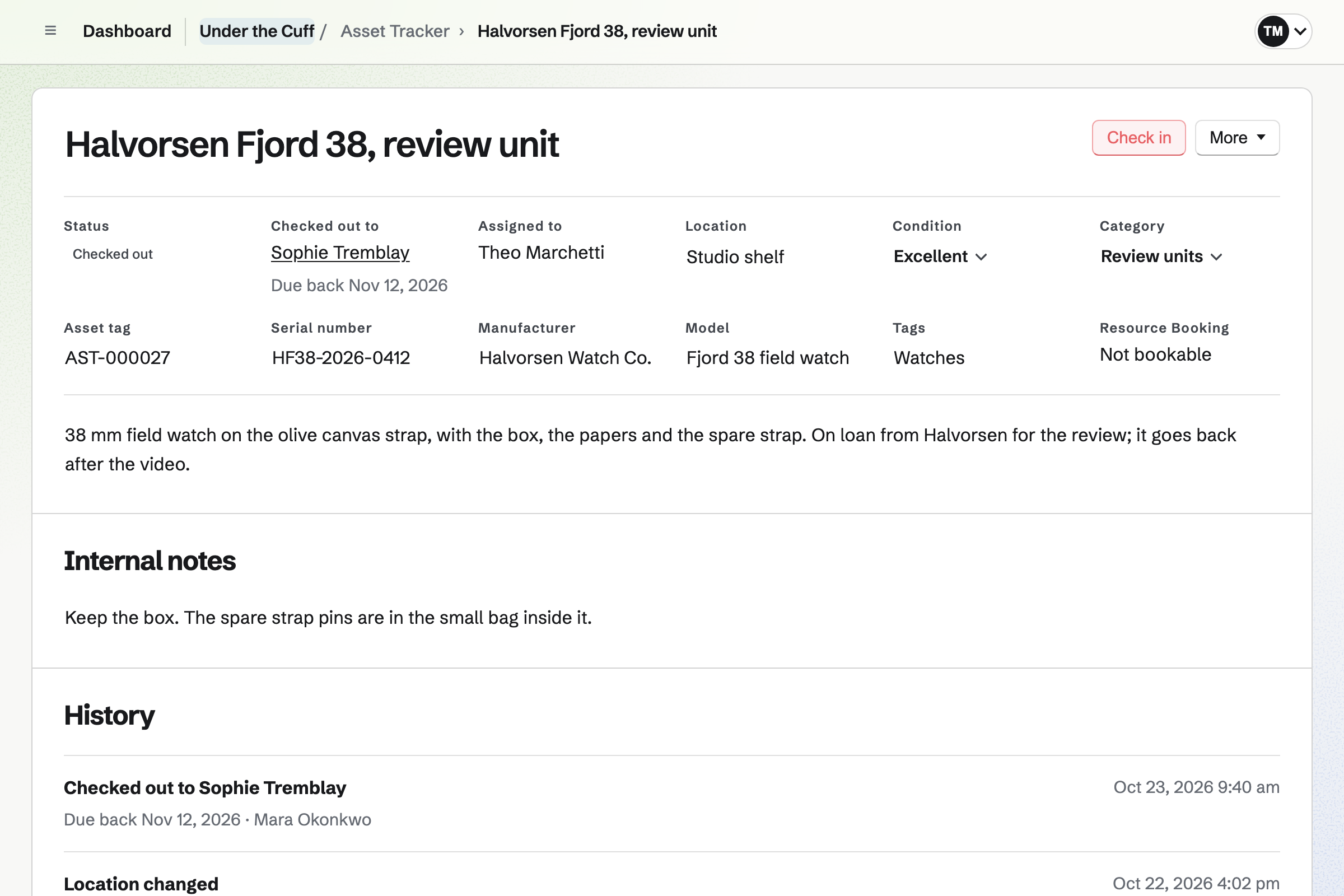 Under the Cuff’s Halvorsen Fjord 38 review unit in Asset Tracker: assigned to Theo Marchetti and checked out to the writer Sophie Tremblay with the day it is due back, above its serial number, its location and its history.