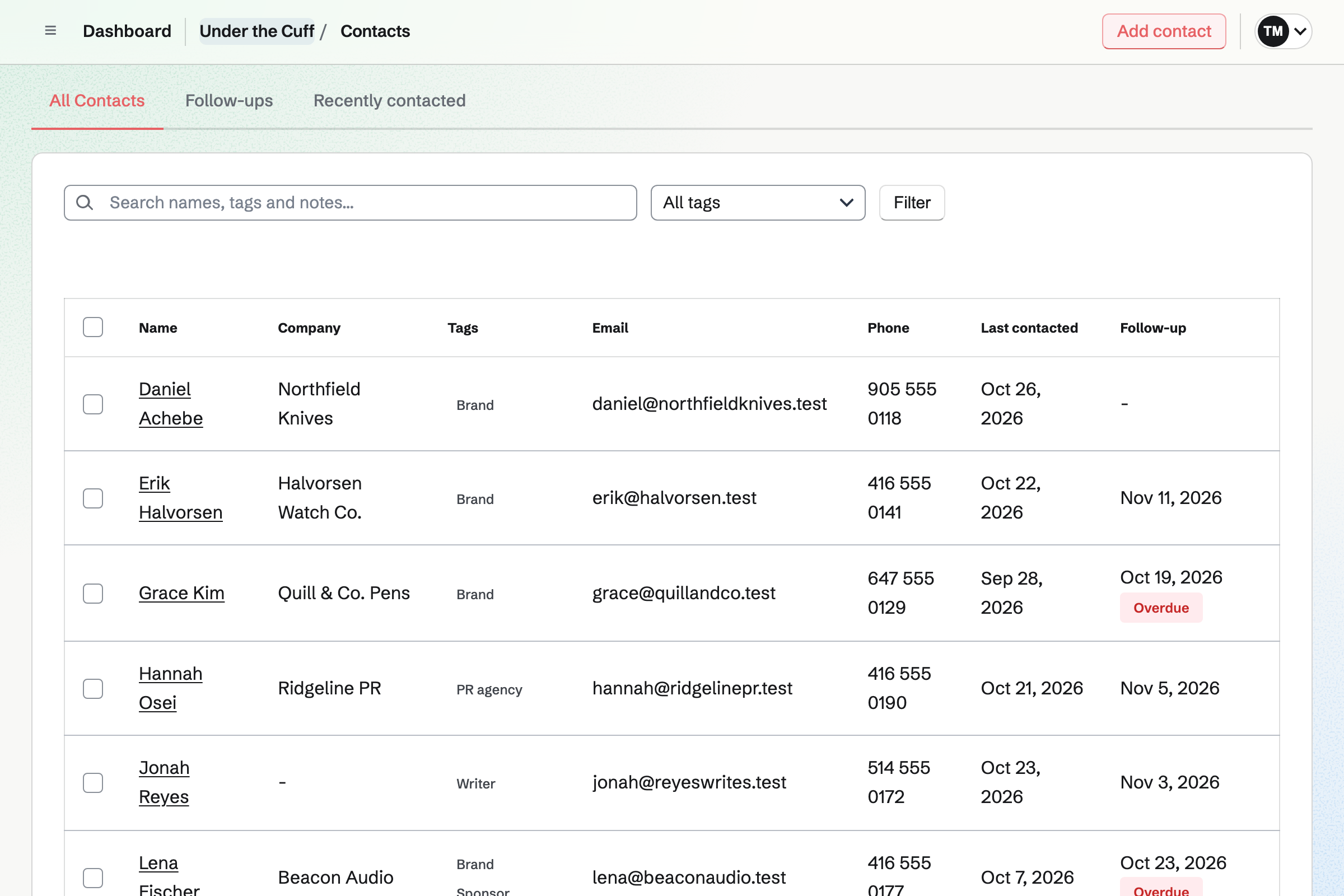 Under the Cuff’s contacts: the people at each brand and PR agency, tagged Brand or Sponsor, with Last contacted and the next follow-up, such as confirming the Fjord 38 video for the day the embargo lifts.