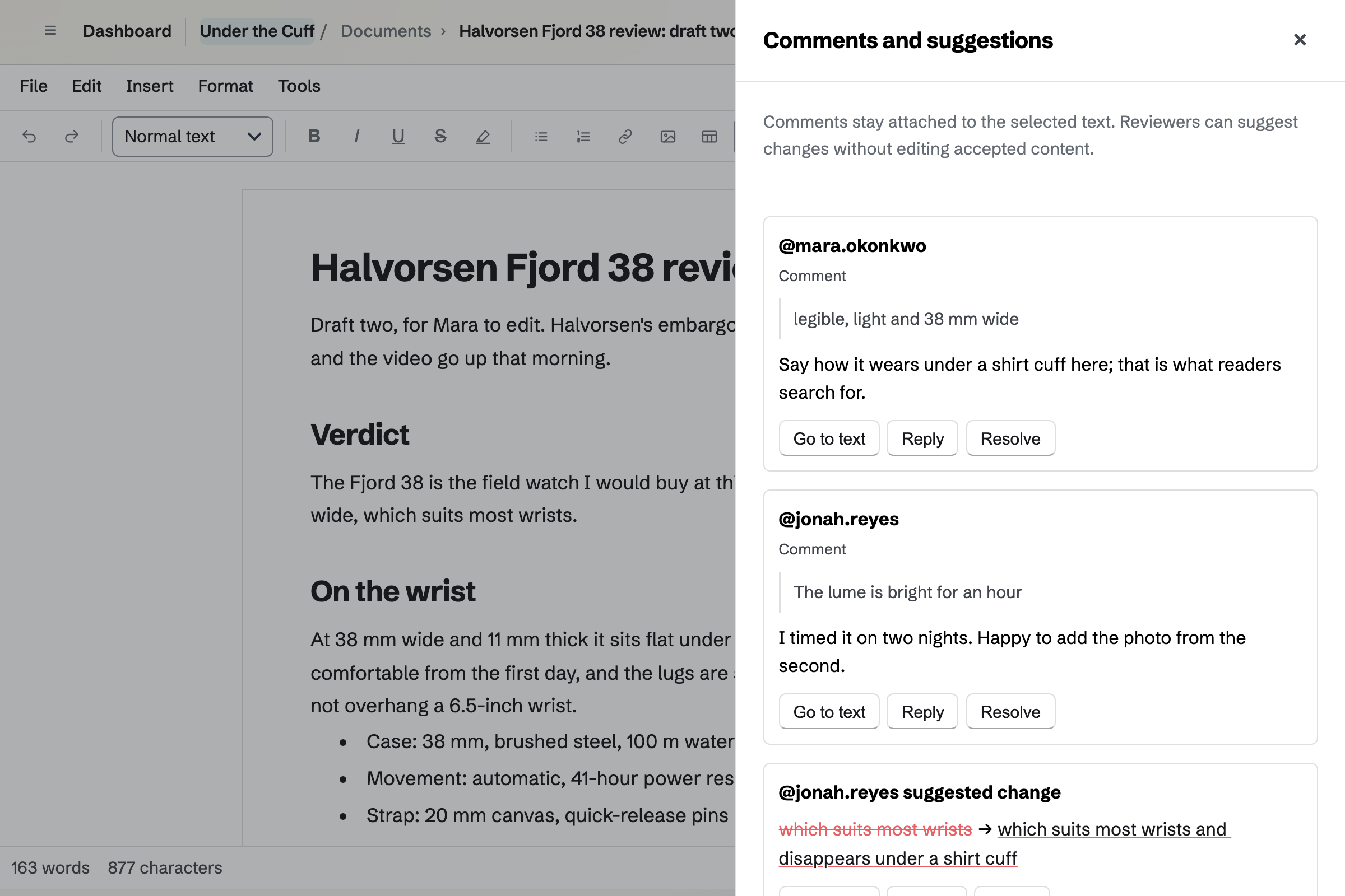Jonah Reyes’s draft of the Halvorsen Fjord 38 review under review: the editor’s comments on two lines, and Jonah’s suggested wording for the editor to accept or reject.
