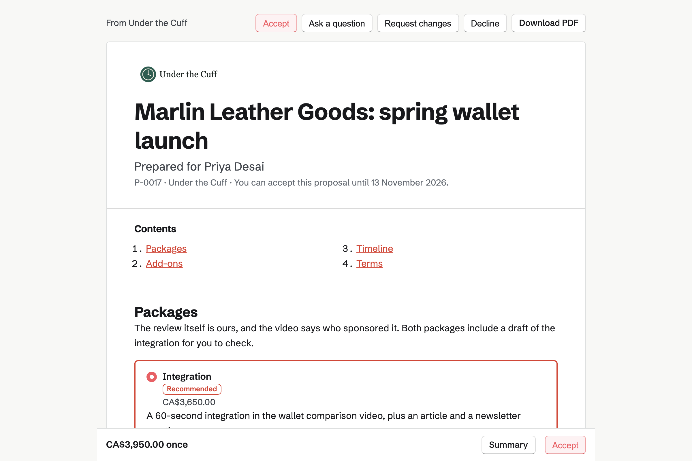 Marlin Leather Goods’ proposal page from Under the Cuff: the cover, the recommended Integration package with its lines, the add-ons, and the total in a bar at the foot of the screen.